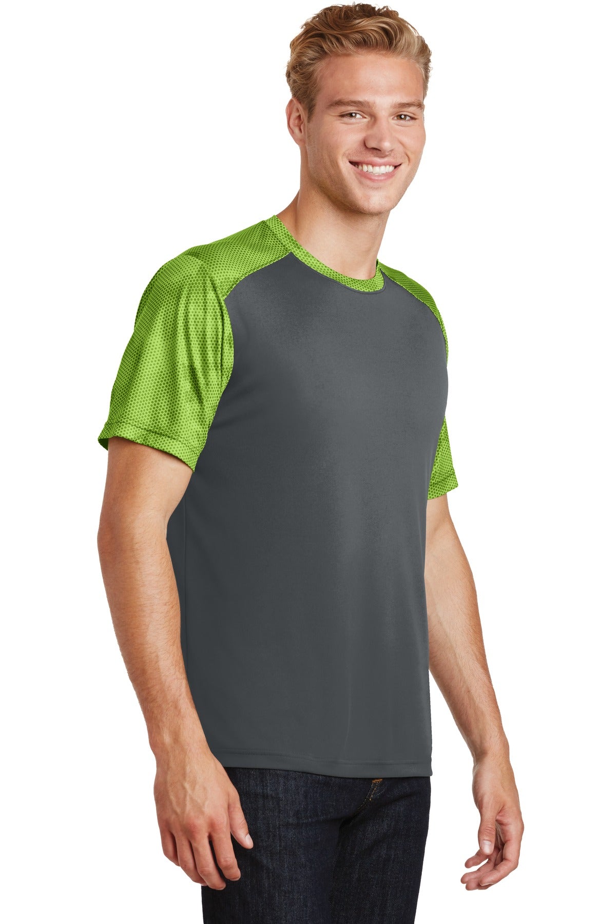 Iron Gry/LimeS Sport-Tek CamoHex Colorblock Tee. ST371