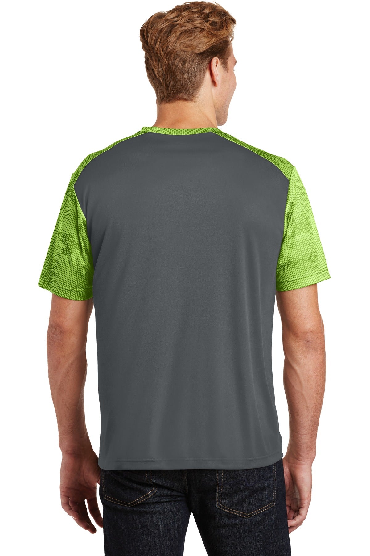 Iron Gry/LimeS Sport-Tek CamoHex Colorblock Tee. ST371