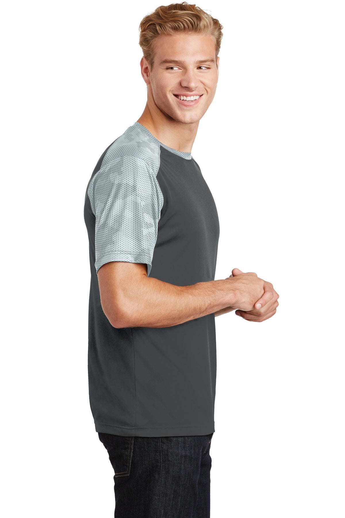Iron Gry/White Sport-Tek CamoHex Colorblock Tee. ST371