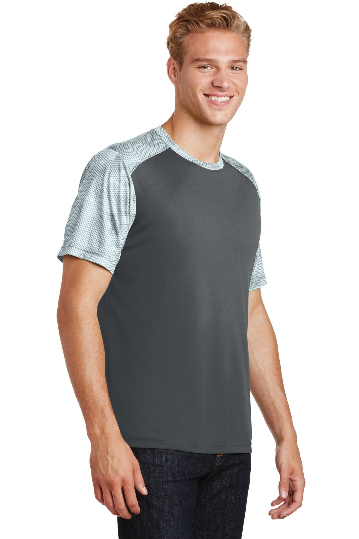 Iron Gry/White Sport-Tek CamoHex Colorblock Tee. ST371