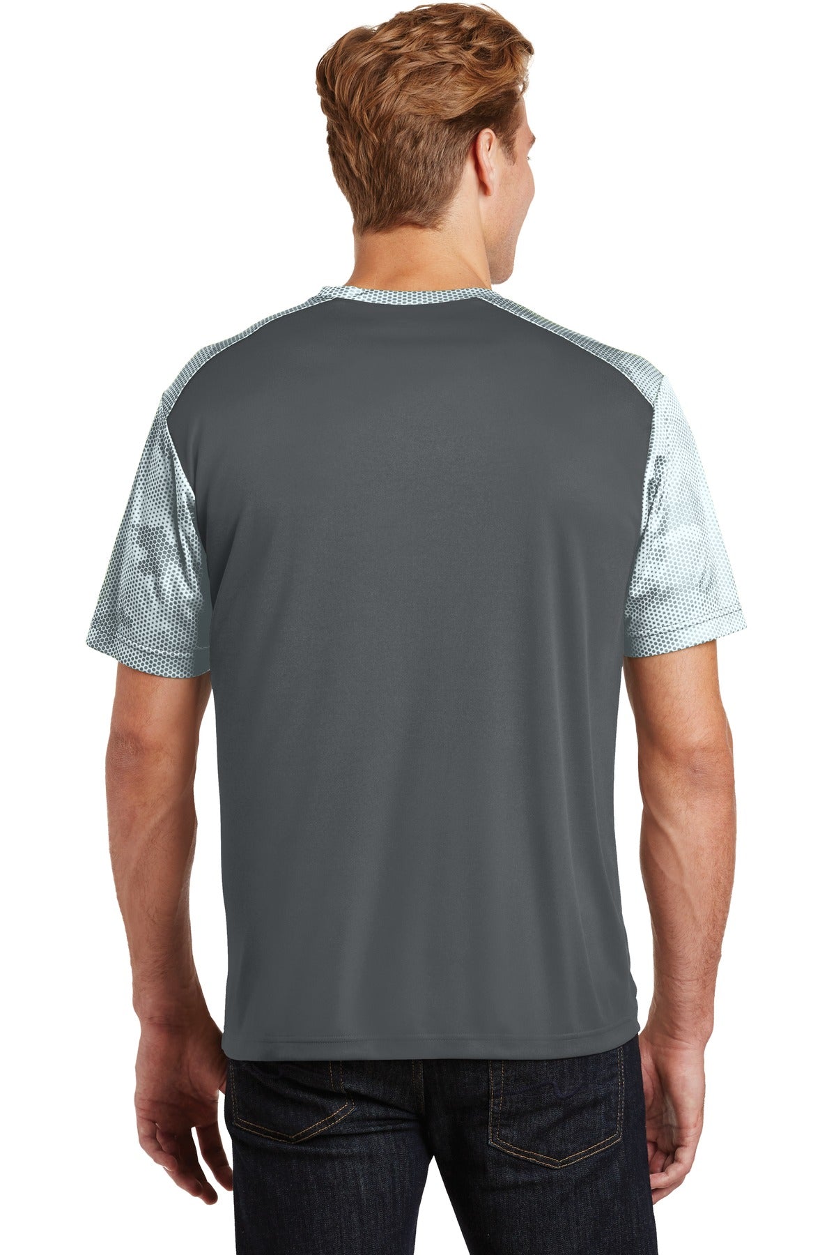 Iron Gry/White Sport-Tek CamoHex Colorblock Tee. ST371