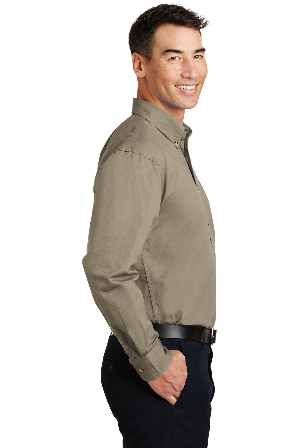 Khaki Port Authority Long Sleeve Twill Shirt. S600T