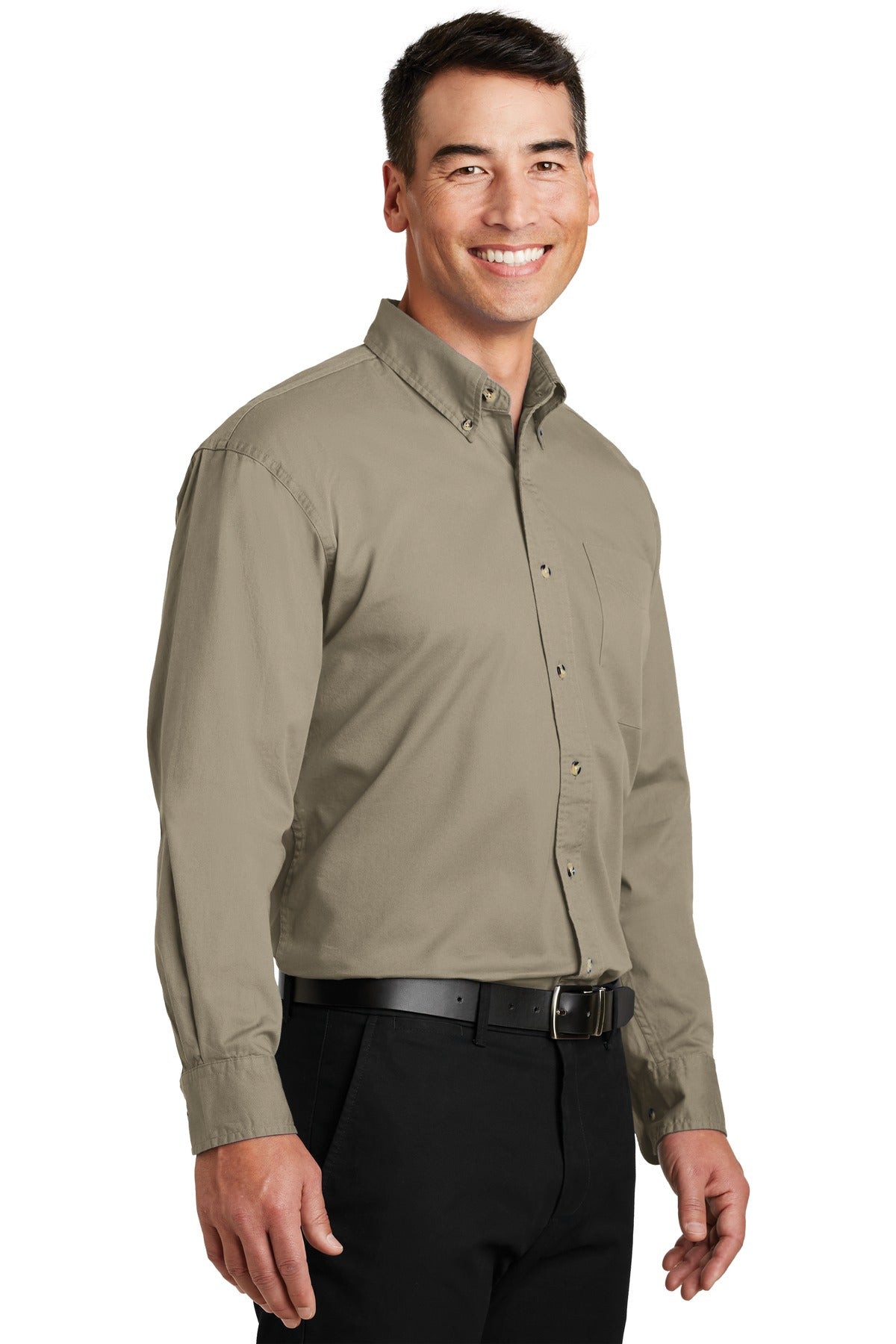 Khaki Port Authority Long Sleeve Twill Shirt. S600T