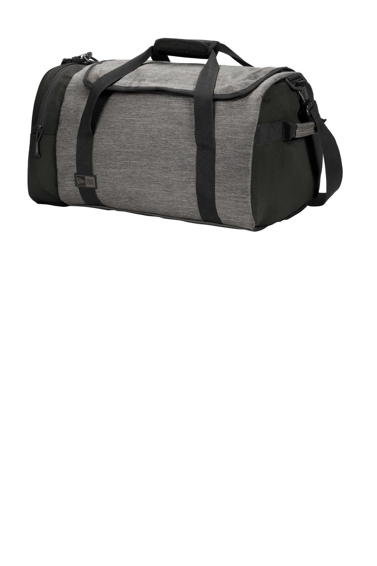 Left View of Black Tw He/Bk New Era Legacy Duffel. NEB800
