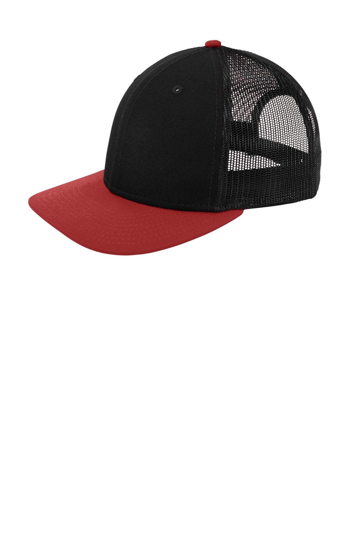 Left View of Black/Scarlet New Era Snapback Low Profile Trucker Cap NE207