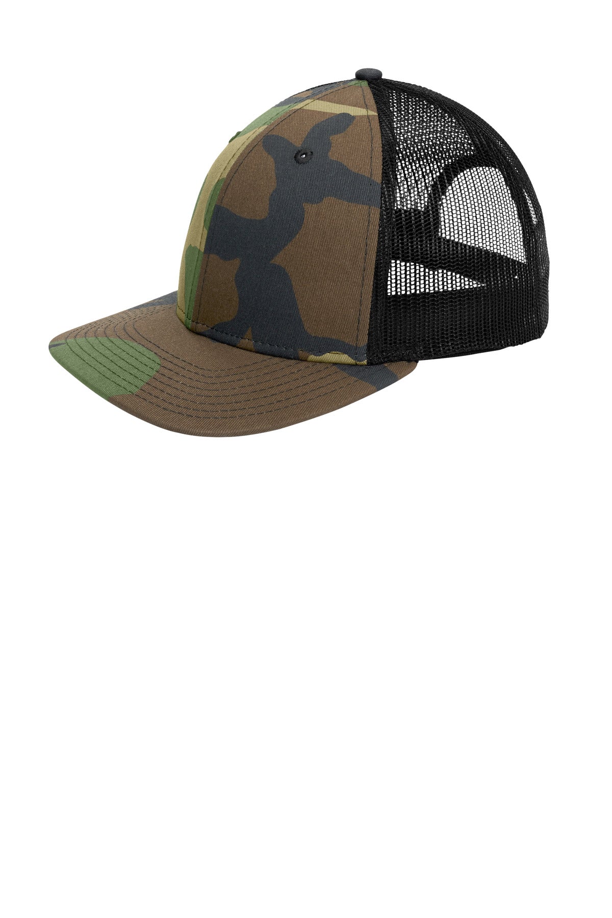 Left View of Camo/Black New Era Snapback Low Profile Trucker Cap NE207