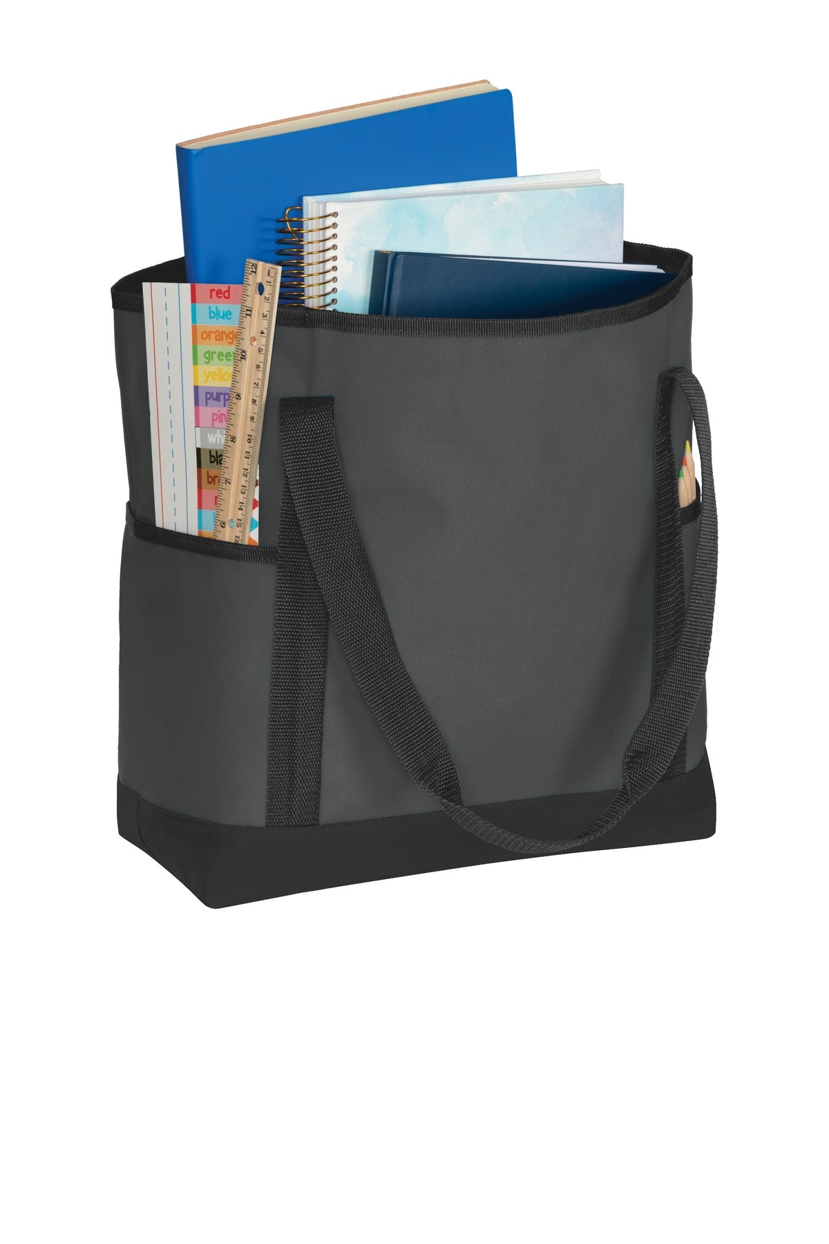 Left View of Dark Char/Blk Port Authority On-The-Go Tote. BG411