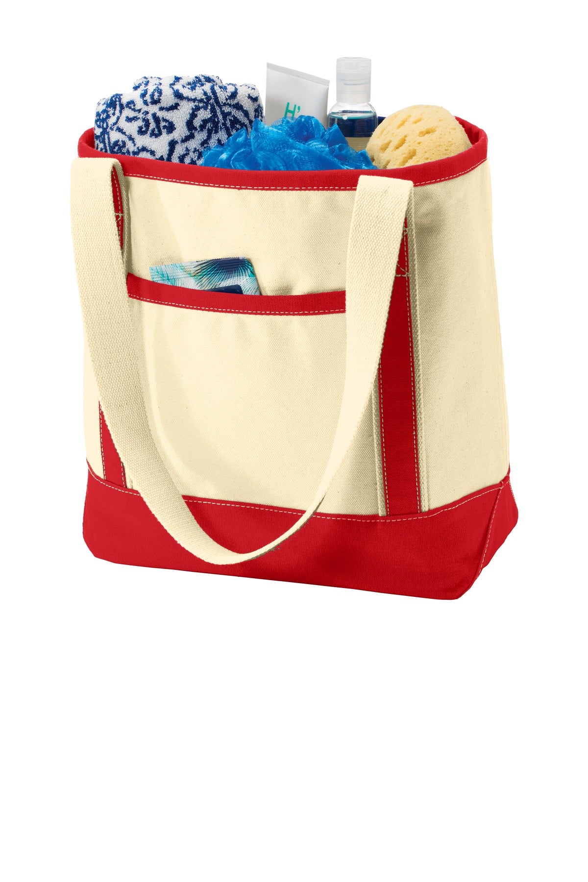 Left View of Nat/Red Port Authority Medium Cotton Canvas Tote. BG412