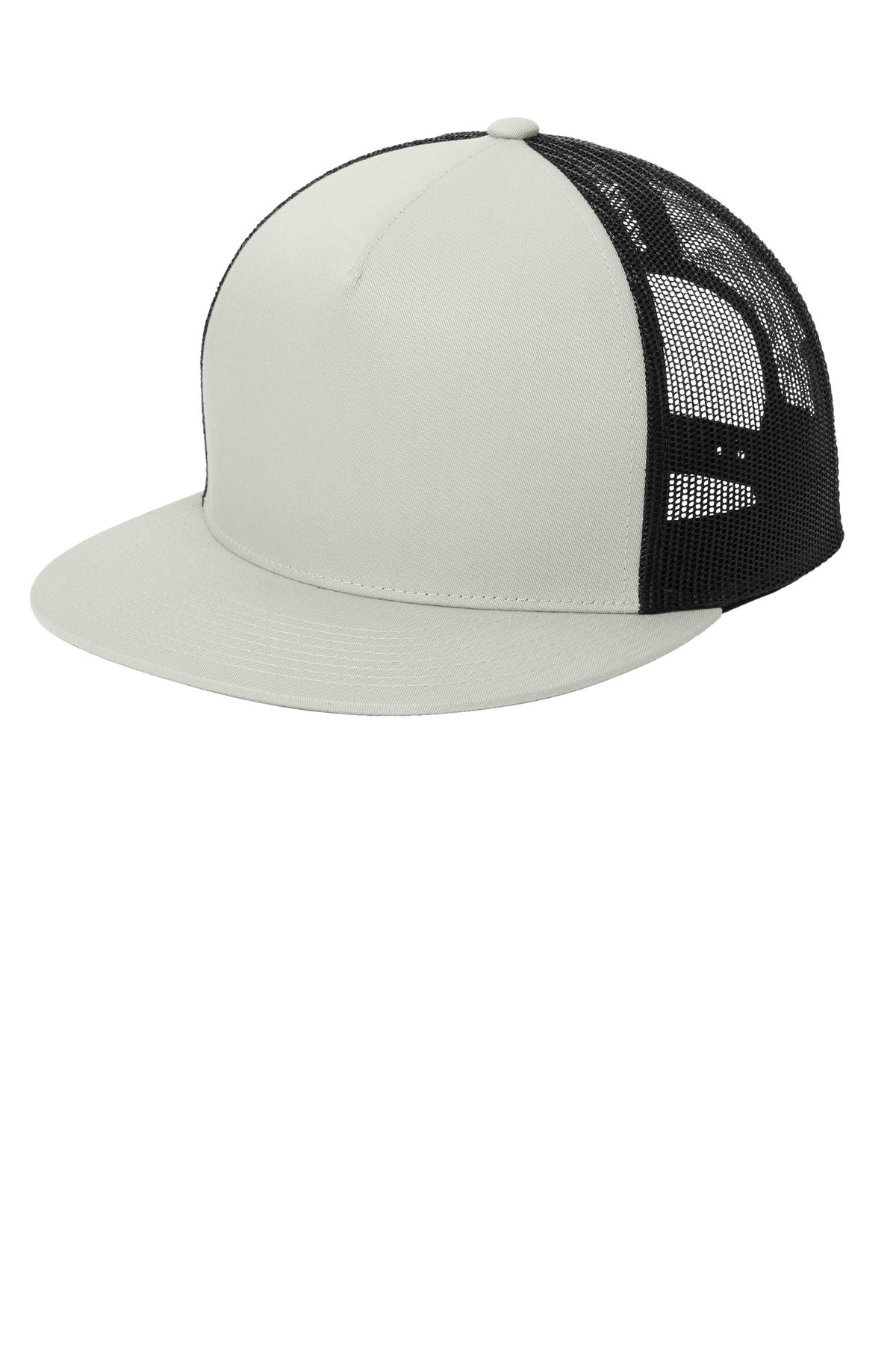 Left View of Silver/Blk Sport-Tek YP Classics 5-Panel Classic Trucker Mesh Back Cap. STC38