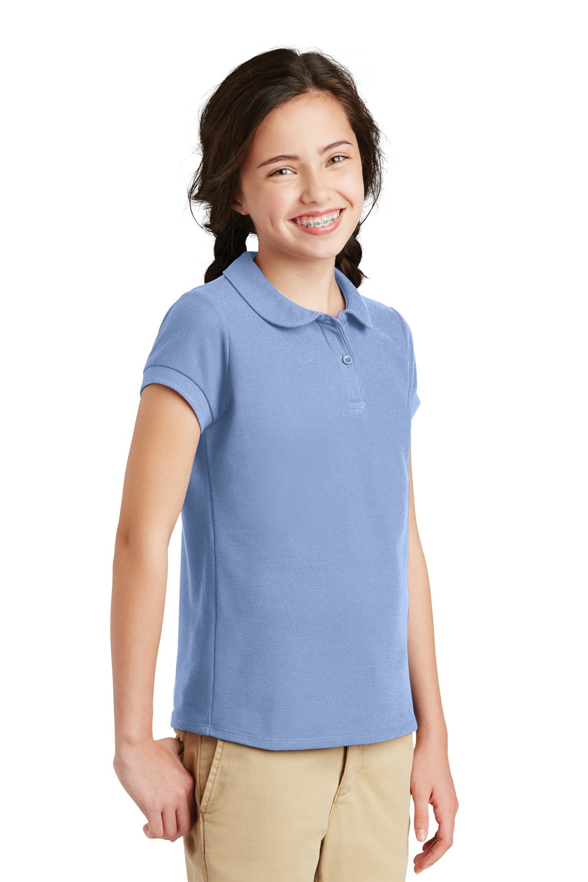 Light Blue Port Authority Girls Silk Touch Peter Pan Collar Polo. YG503