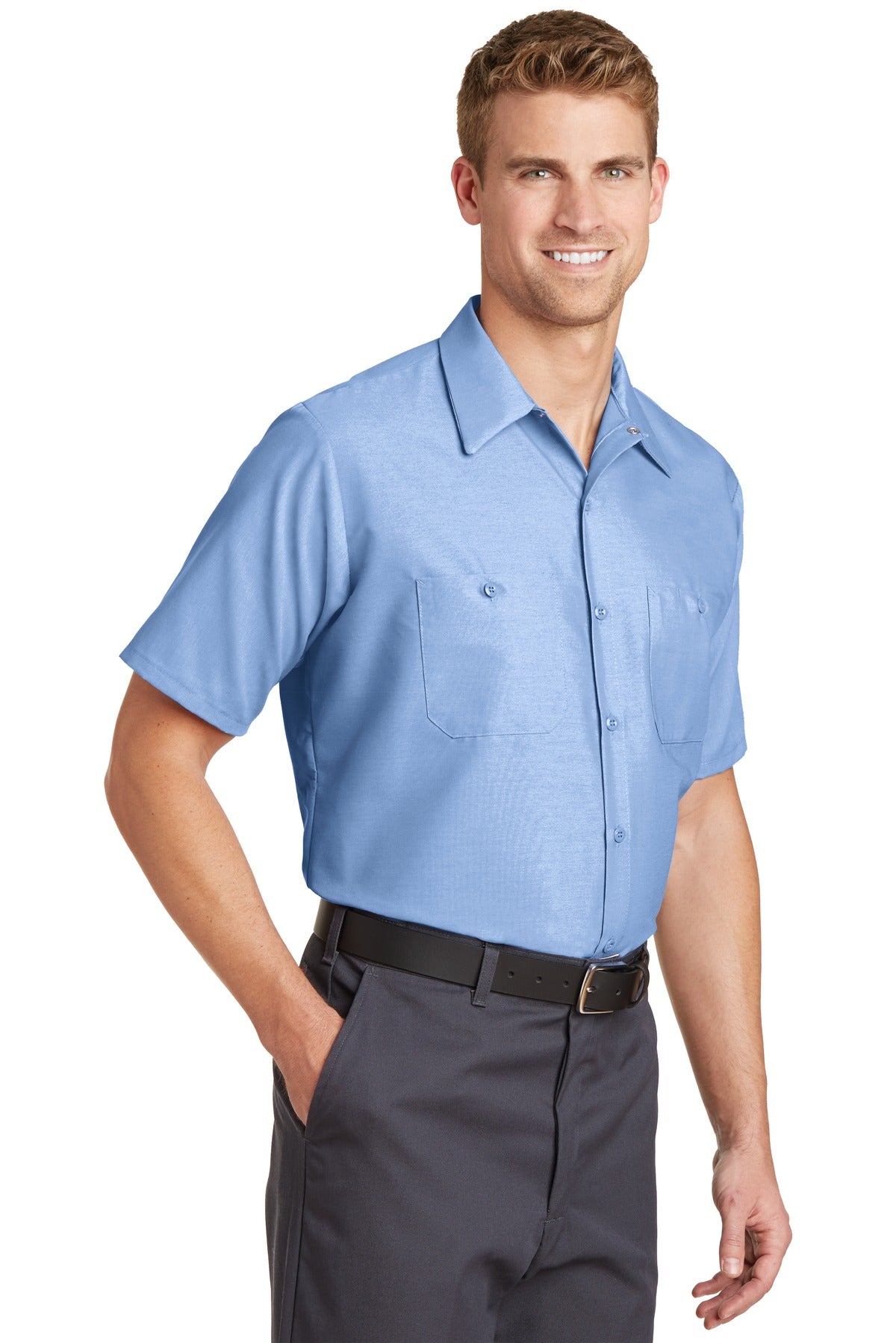 Light Blue Red Kap Long Size, Short Sleeve Industrial Work Shirt. SP24LONG