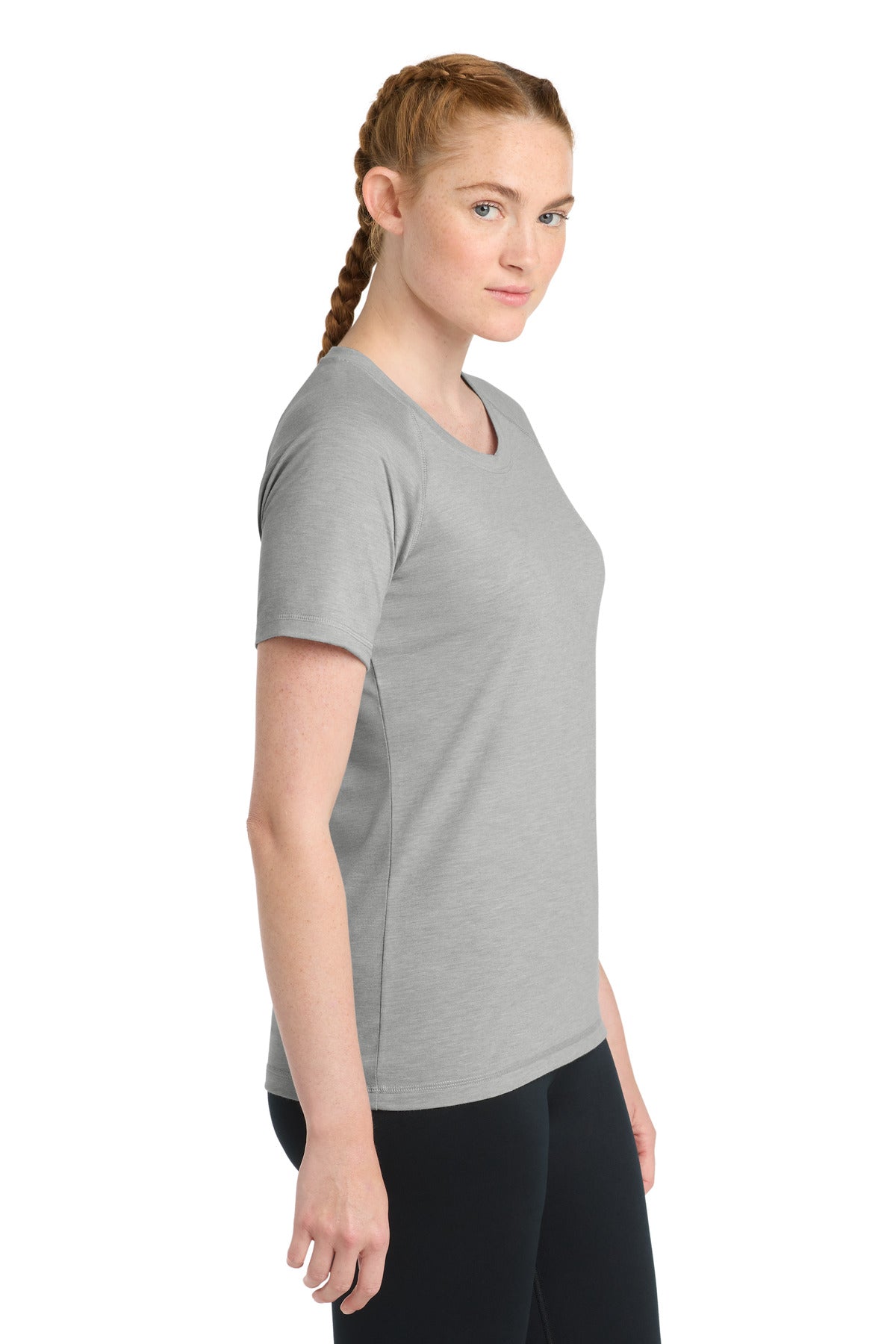 Light Grey Hth Sport-Tek Women's PosiCharge Tri-Blend Wicking Scoop Neck Raglan Tee. LST400