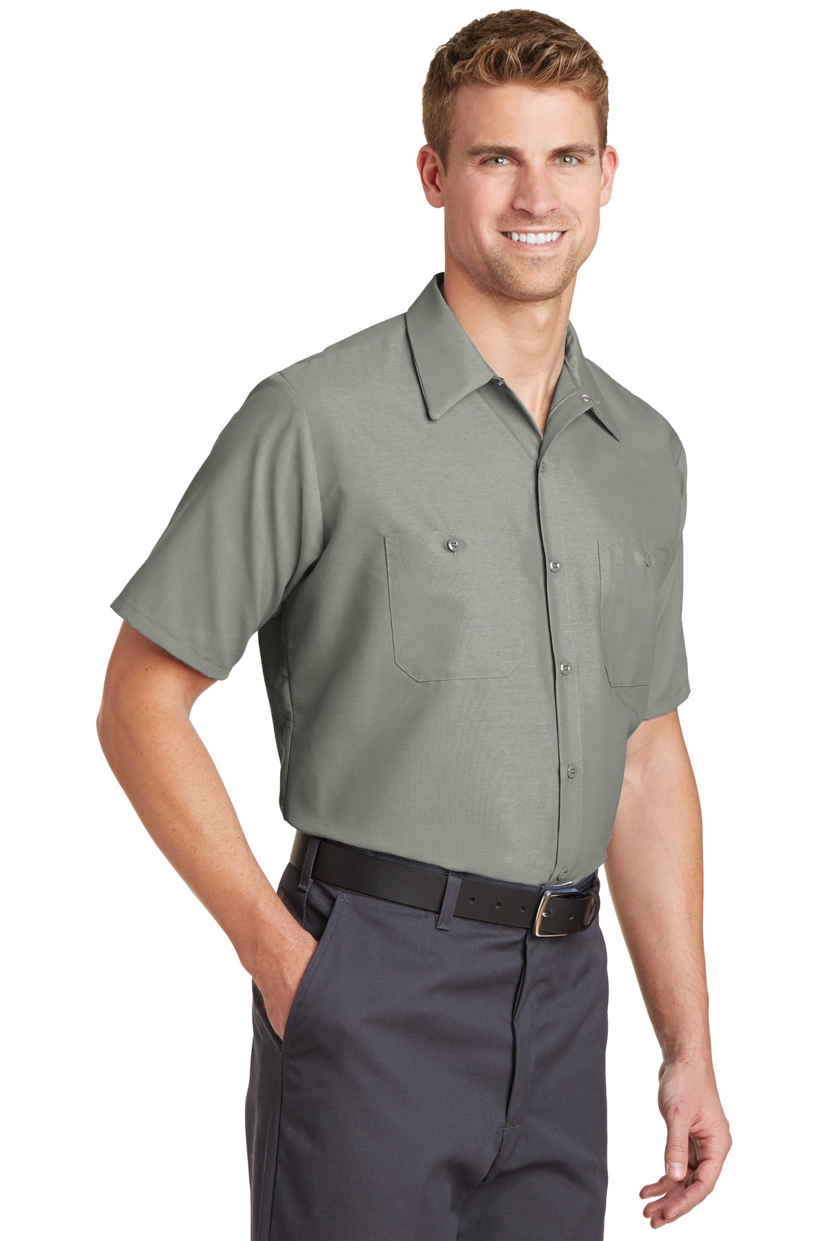 Light Grey Red Kap Long Size, Short Sleeve Industrial Work Shirt. SP24LONG