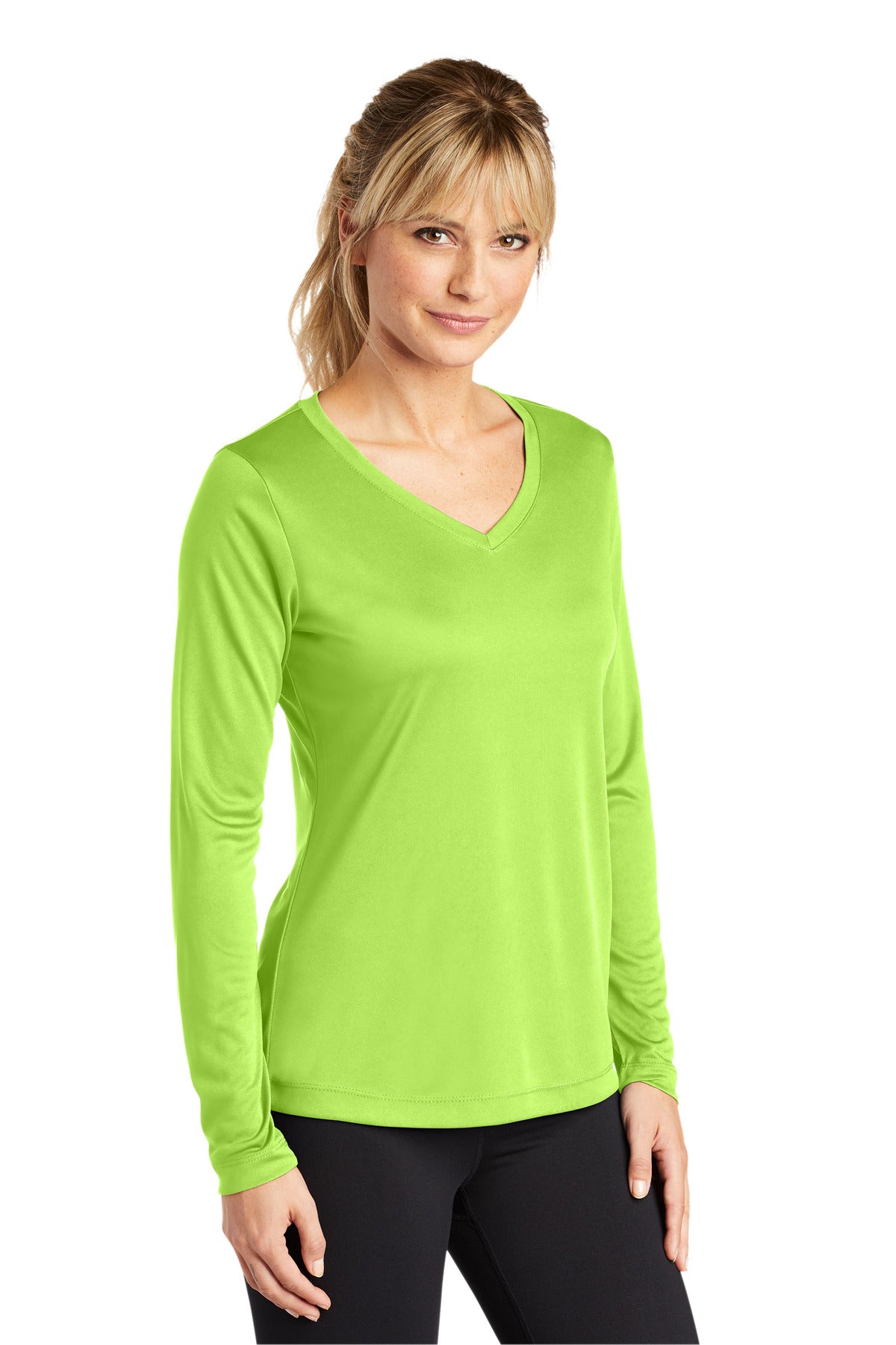 Lime Shock Sport-Tek Women's Long Sleeve PosiCharge Competitor V-Neck Tee. LST353LS