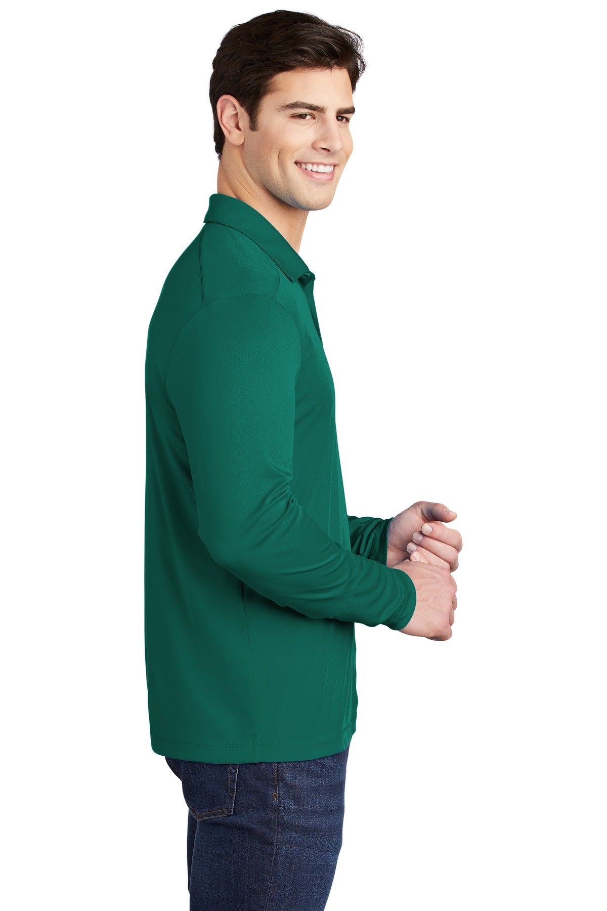 Marine Green Sport-Tek Posi-UV Pro Long Sleeve Polo. ST520LS