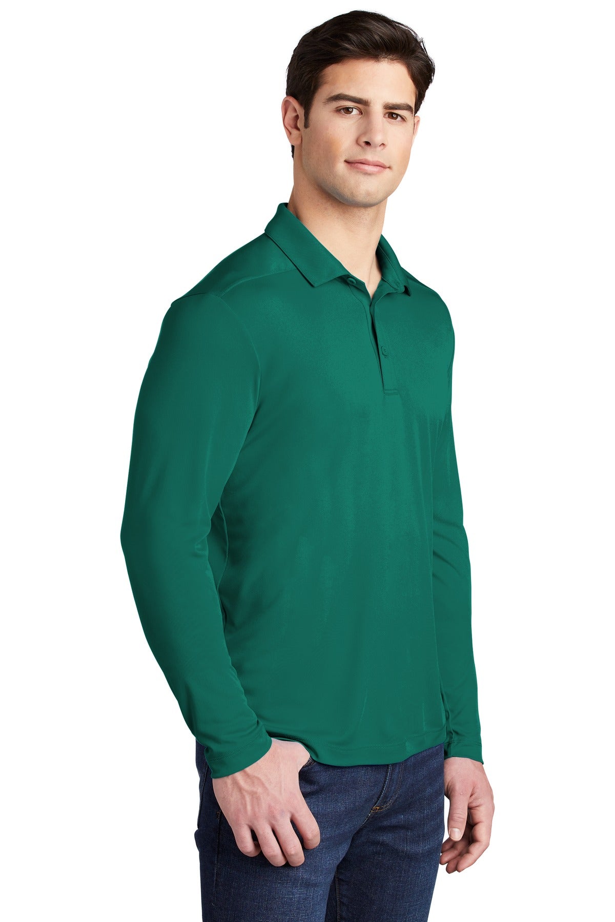 Marine Green Sport-Tek Posi-UV Pro Long Sleeve Polo. ST520LS