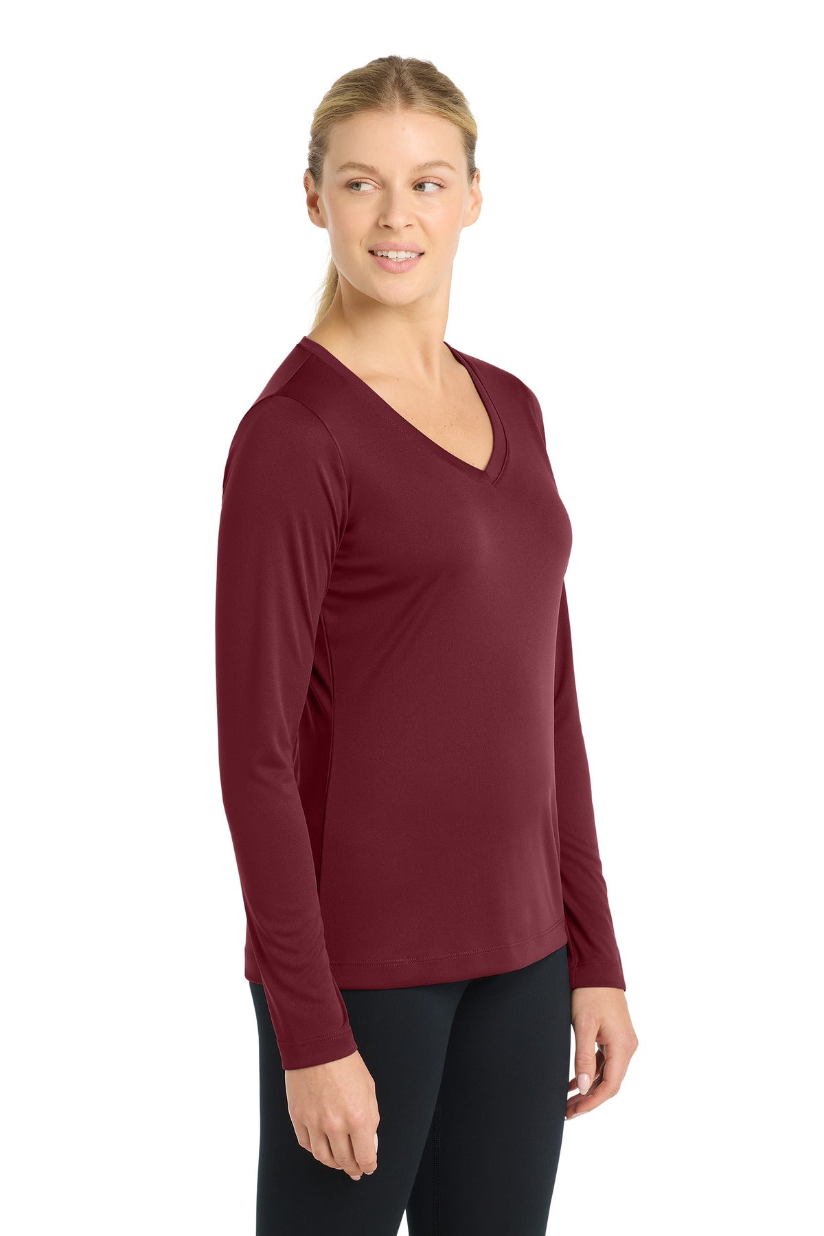 Maroon Sport-Tek Women's Long Sleeve PosiCharge Competitor V-Neck Tee. LST353LS