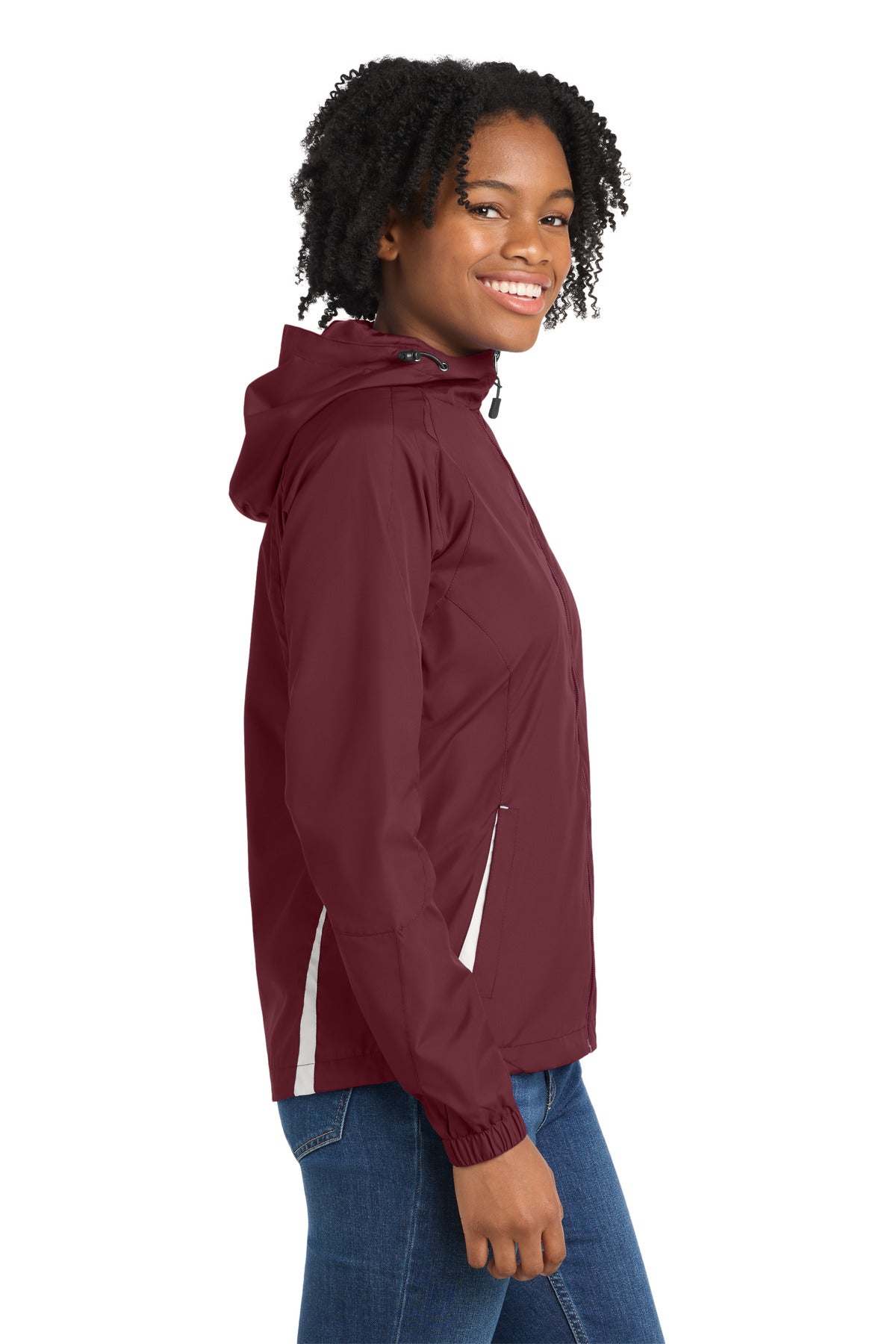 Maroon/White Sport-Tek Women's Colorblock Hooded Raglan Jacket. LST76