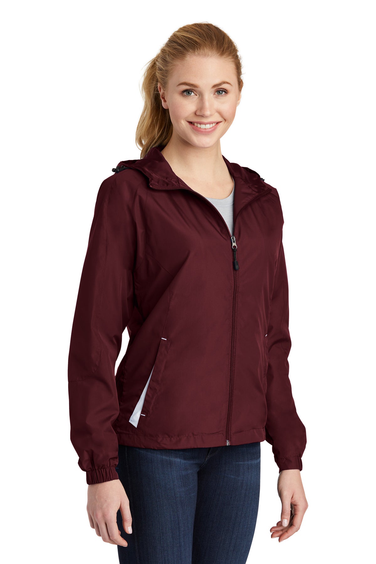 Maroon/White Sport-Tek Women's Colorblock Hooded Raglan Jacket. LST76