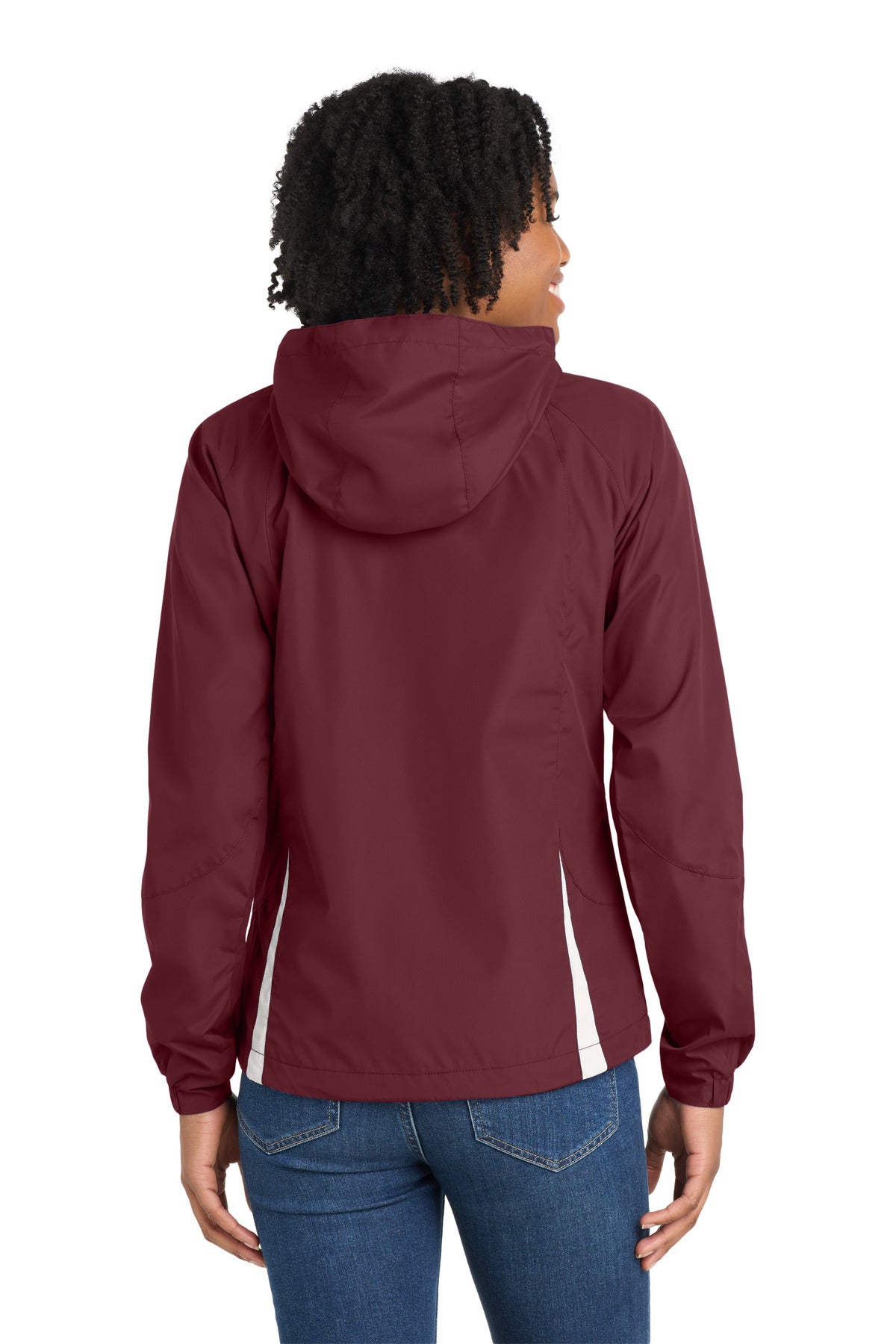 Maroon/White Sport-Tek Women's Colorblock Hooded Raglan Jacket. LST76