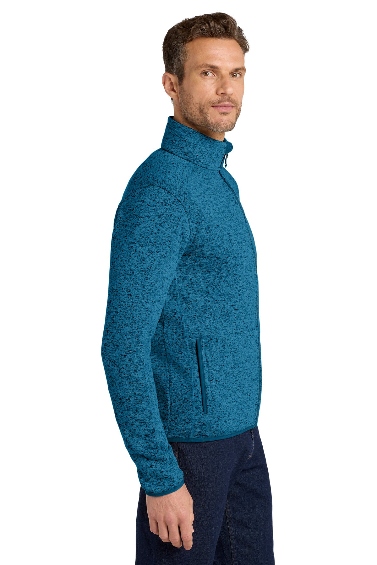 Med Blue Hthr Port Authority Sweater Fleece Jacket. F232