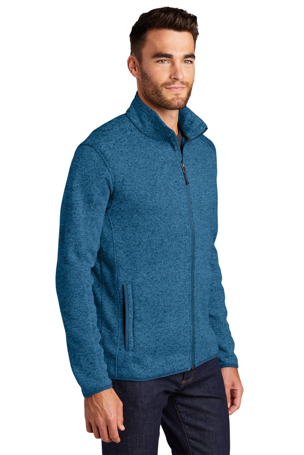Med Blue Hthr Port Authority Sweater Fleece Jacket. F232