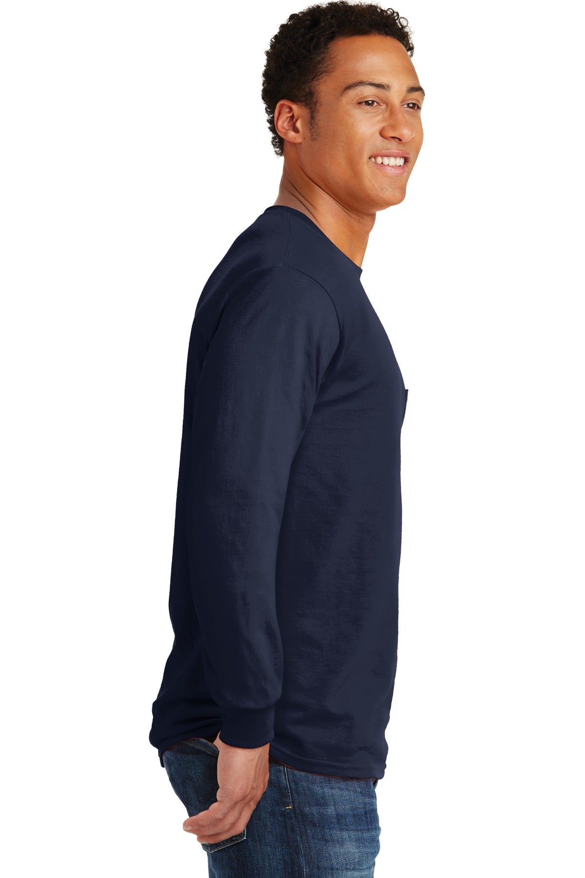 Navy Gildan - Ultra Cotton 100% US Cotton Long Sleeve T-Shirt with Pocket. 2410