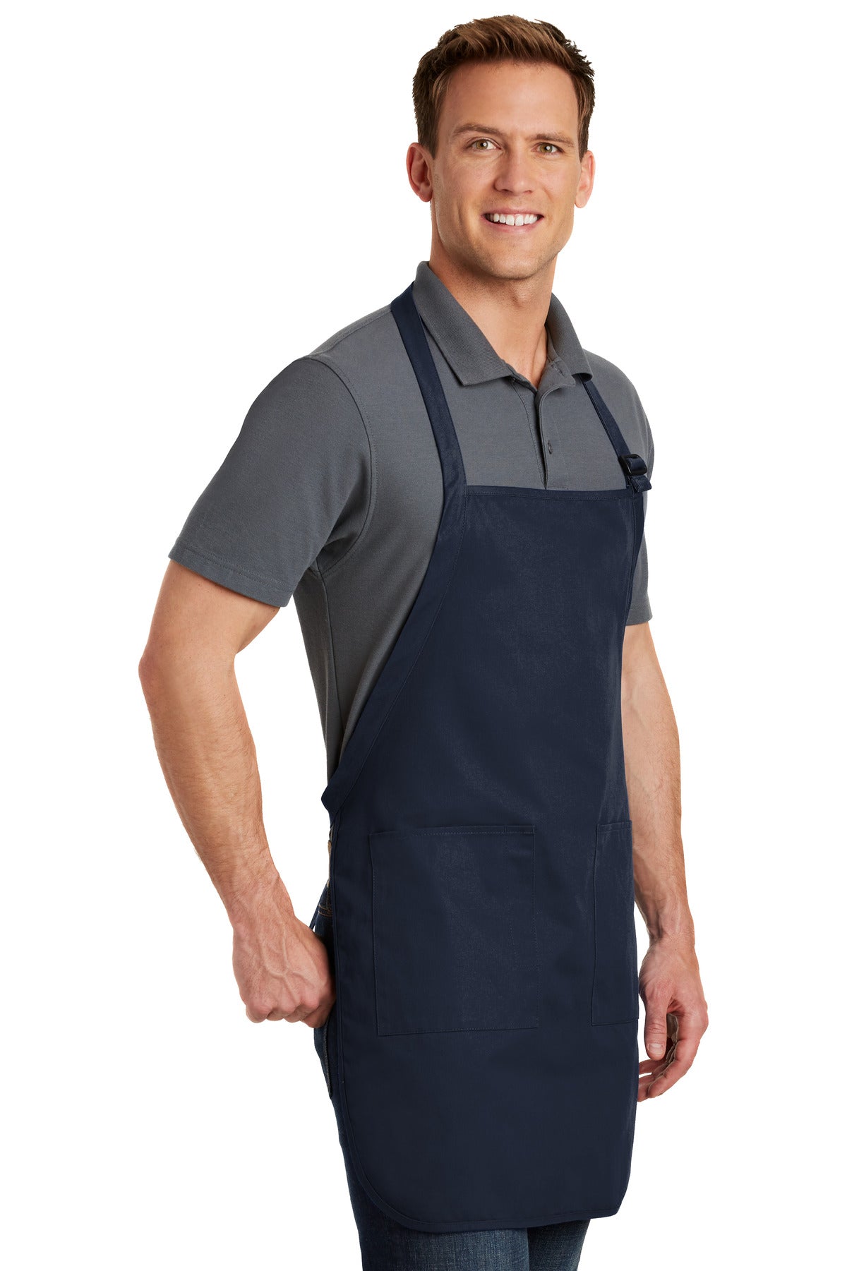 Navy Port Authority Full-Length Apron with Pockets. A500