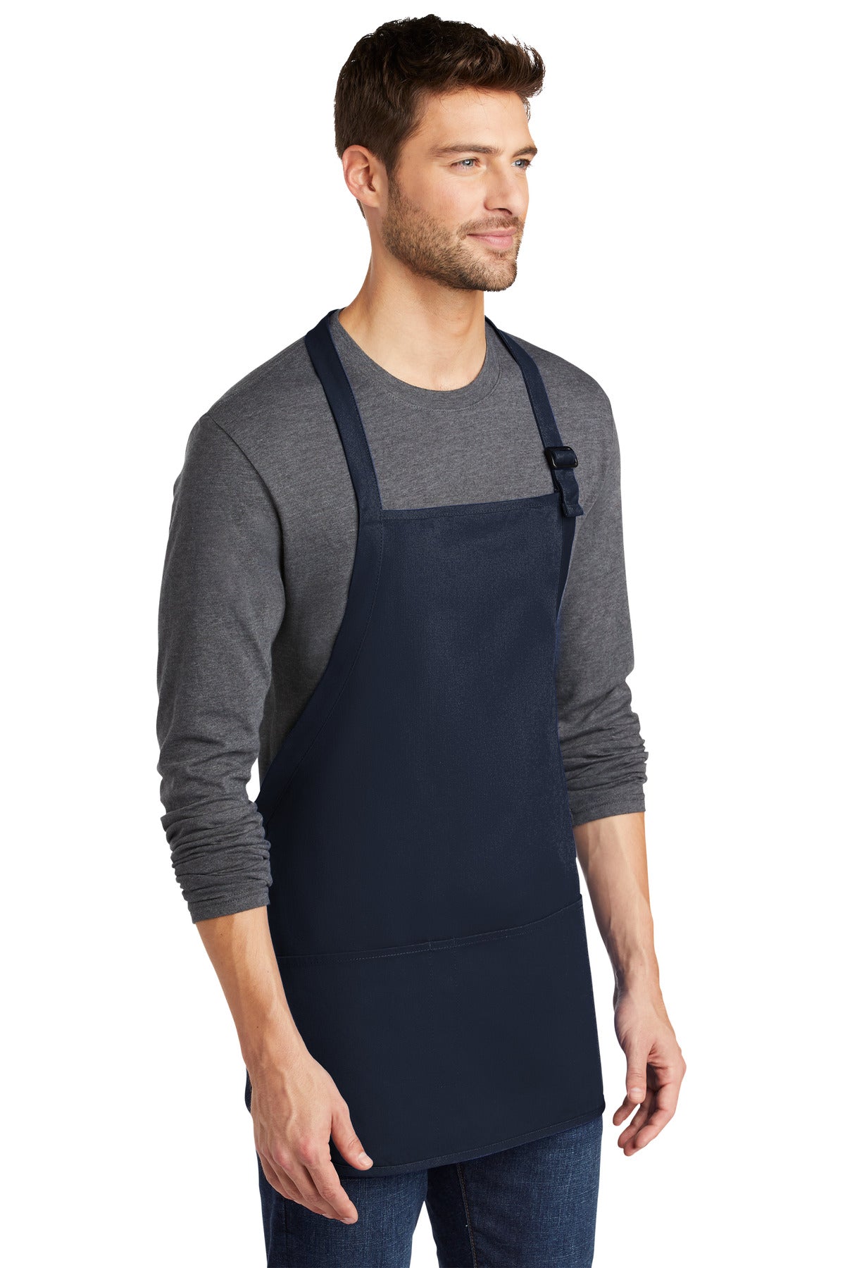 Navy Port Authority Medium-Length Apron with Pouch Pockets. A510