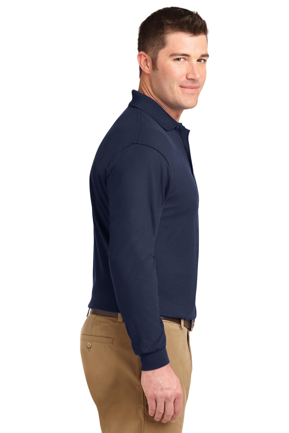 Navy Port Authority Silk Touch Long Sleeve Polo. K500LS