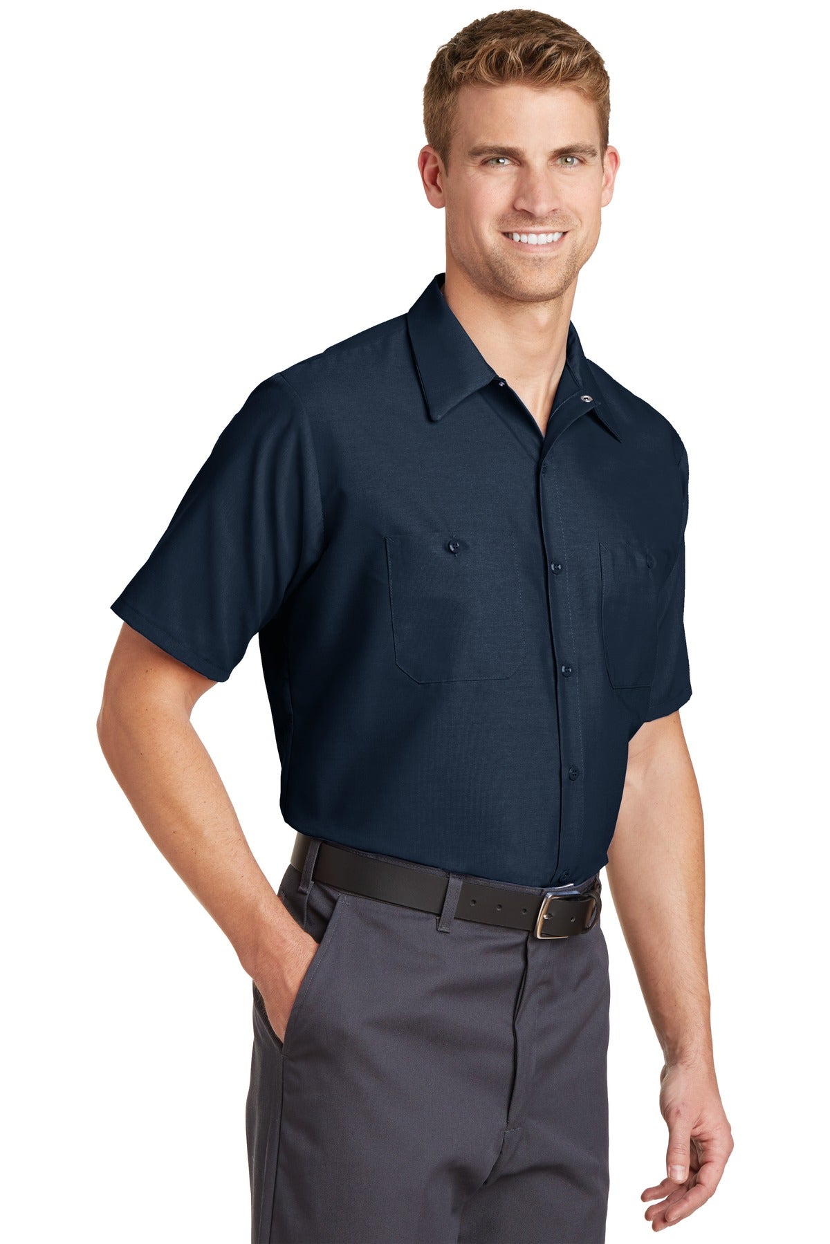 Navy Red Kap Long Size, Short Sleeve Industrial Work Shirt. SP24LONG