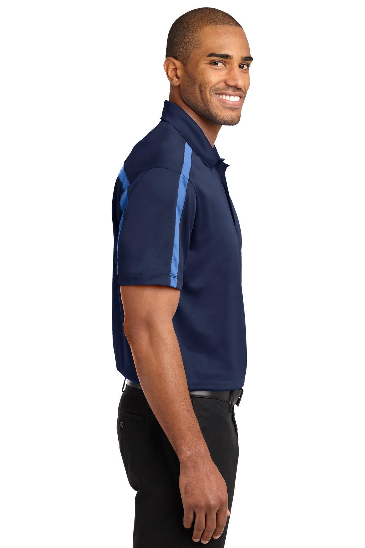 Navy/CarolinaB Port Authority Silk Touch Performance Colorblock Stripe Polo. K547