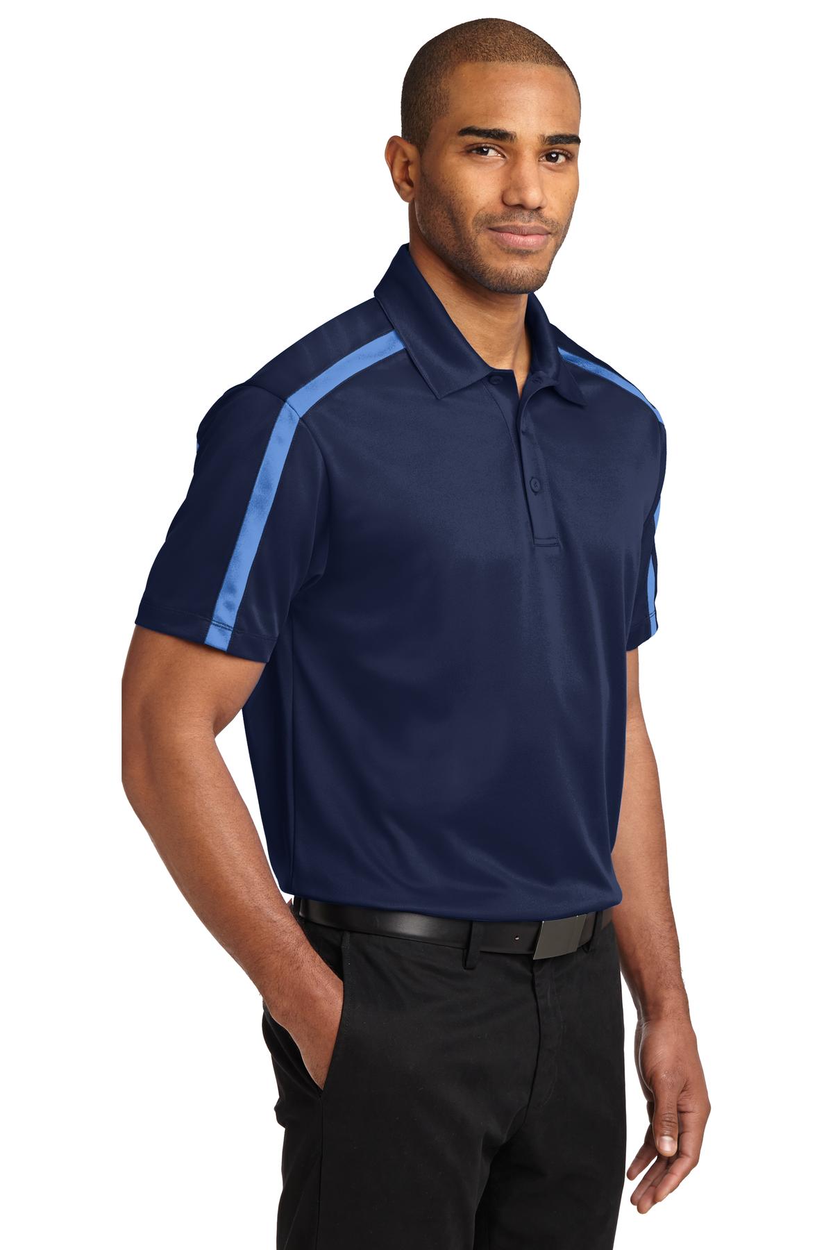 Navy/CarolinaB Port Authority Silk Touch Performance Colorblock Stripe Polo. K547