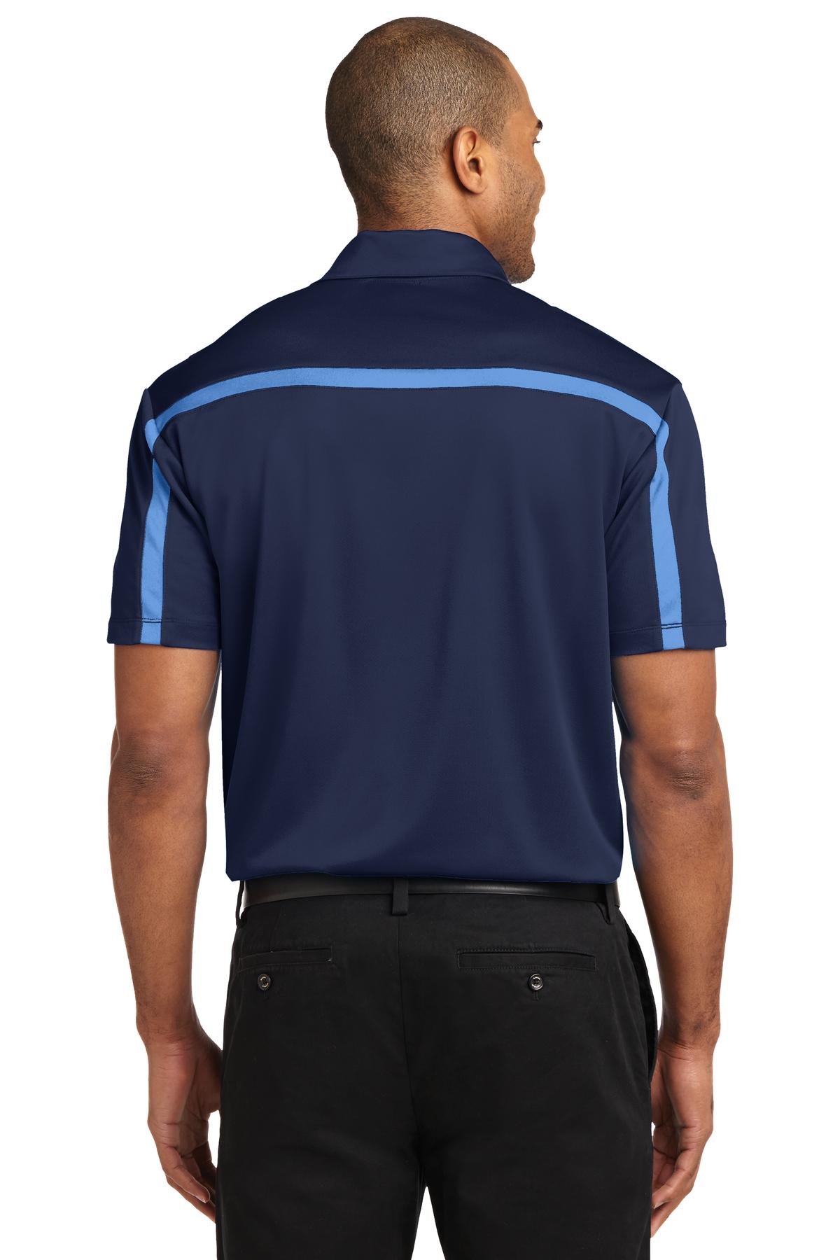 Navy/CarolinaB Port Authority Silk Touch Performance Colorblock Stripe Polo. K547