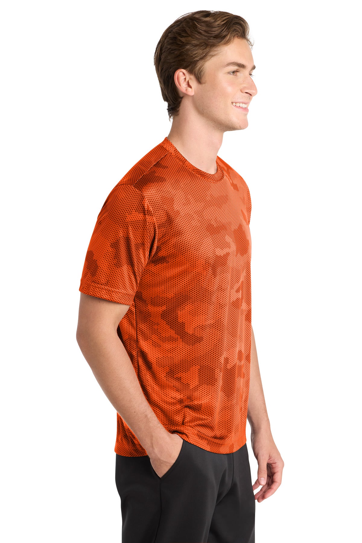 Neon Orange Sport-Tek CamoHex Tee. ST370
