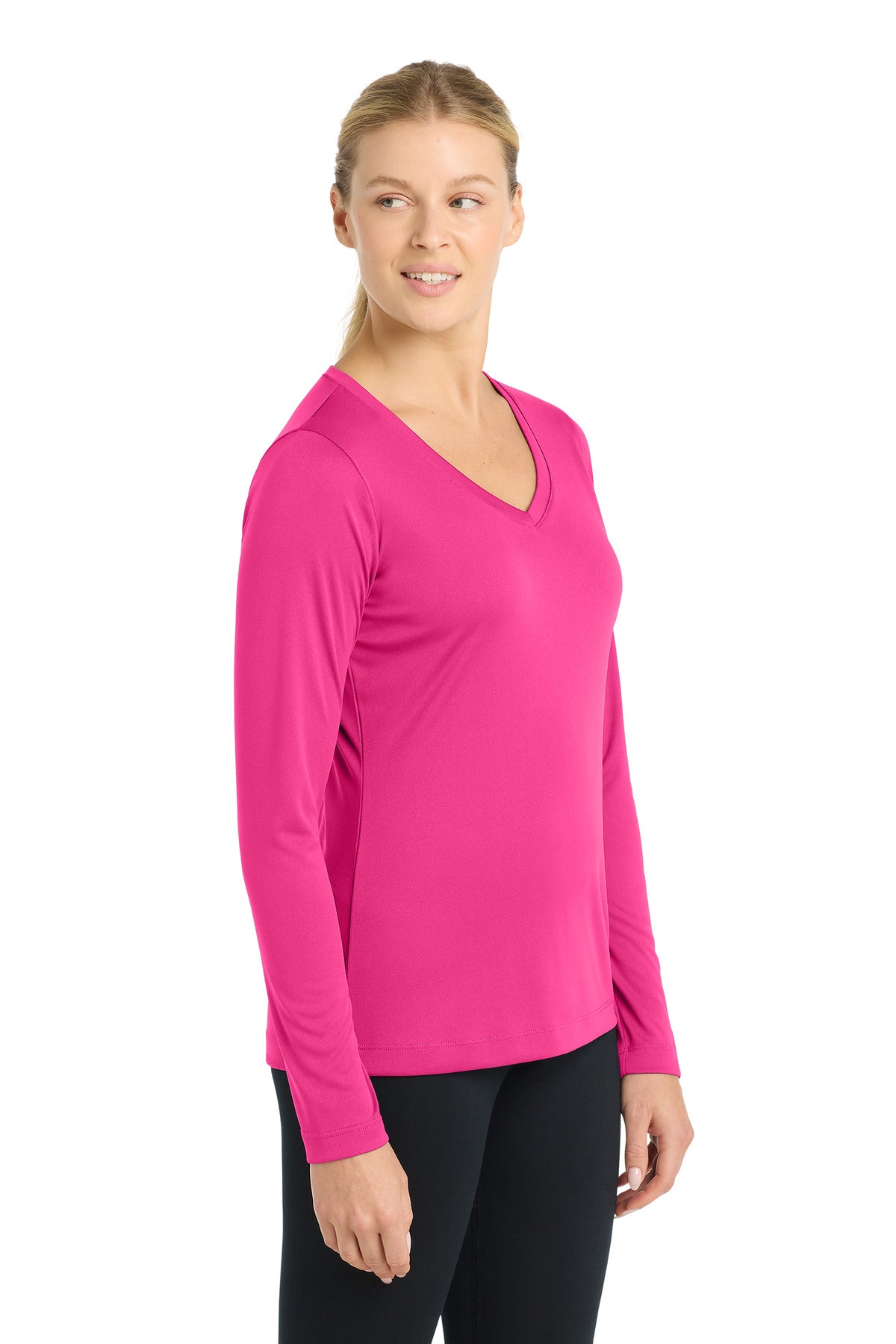 Neon Pink Sport-Tek Women's Long Sleeve PosiCharge Competitor V-Neck Tee. LST353LS