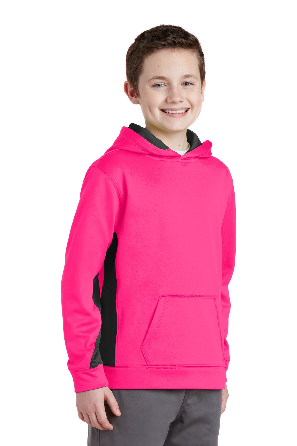Neon Pink/Blk Sport-Tek Youth Sport-Wick Fleece Colorblock Hooded Pullover. YST235