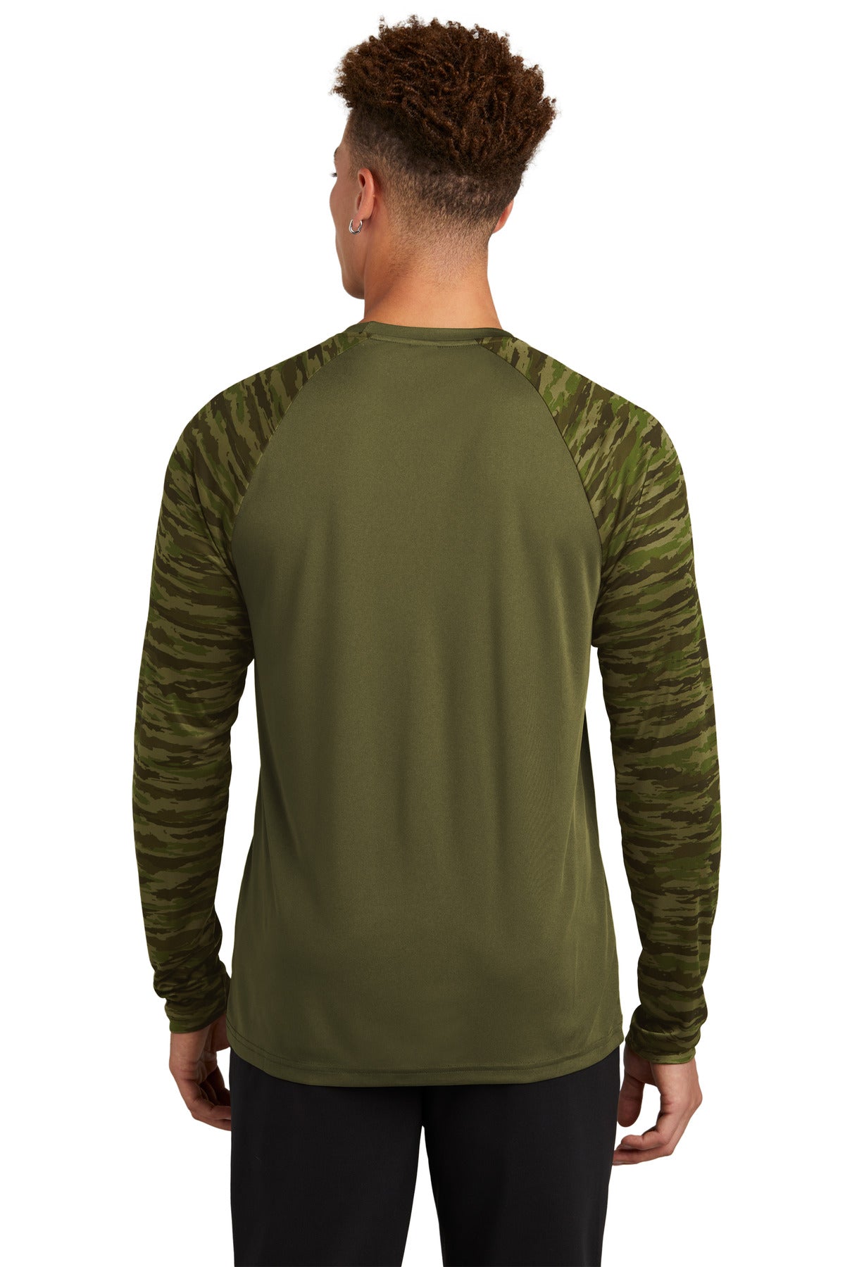 OlvDrabGn Sport-Tek Drift Camo Colorblock Long Sleeve Tee ST376LS