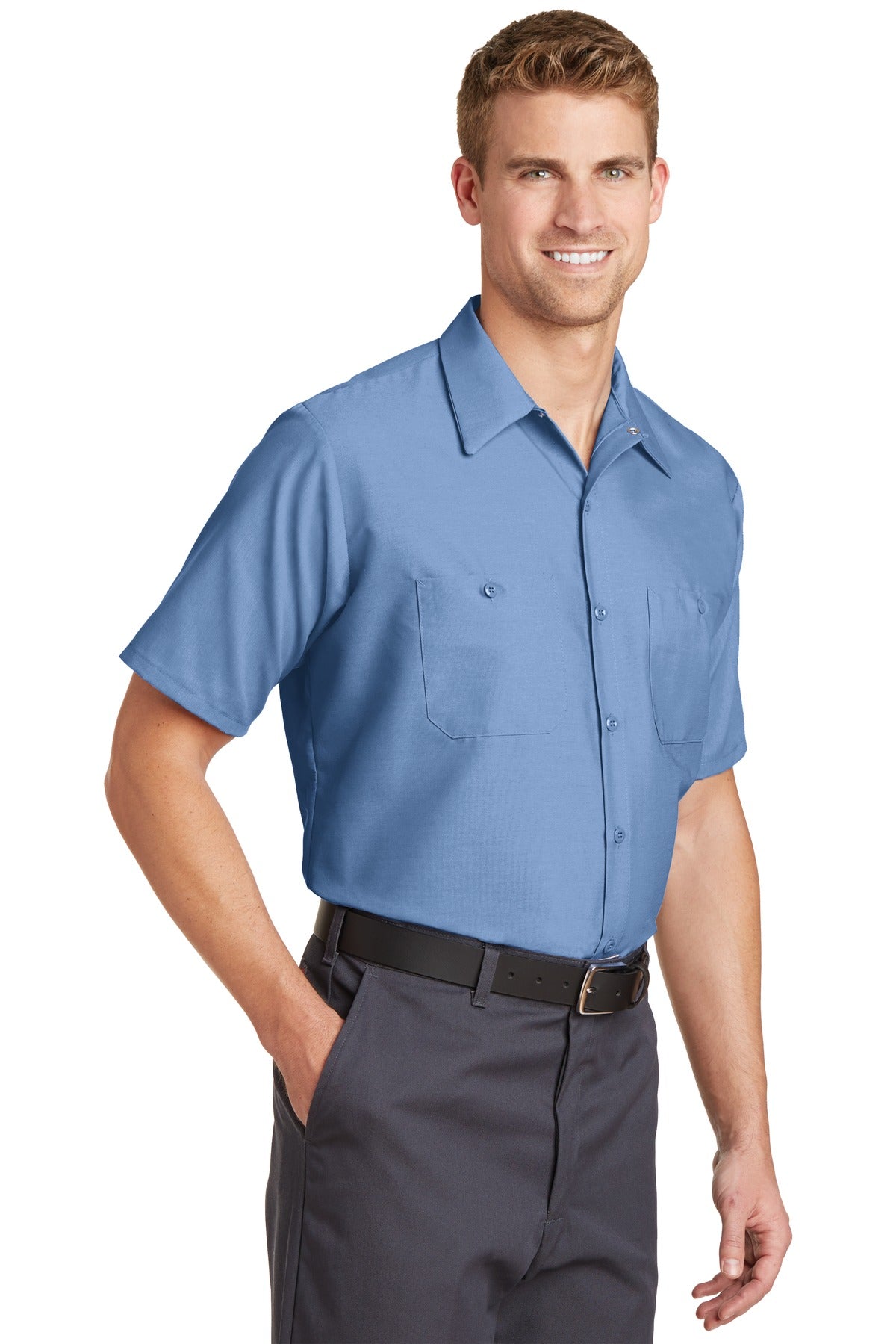 Petrol Blue Red Kap Long Size, Short Sleeve Industrial Work Shirt. SP24LONG