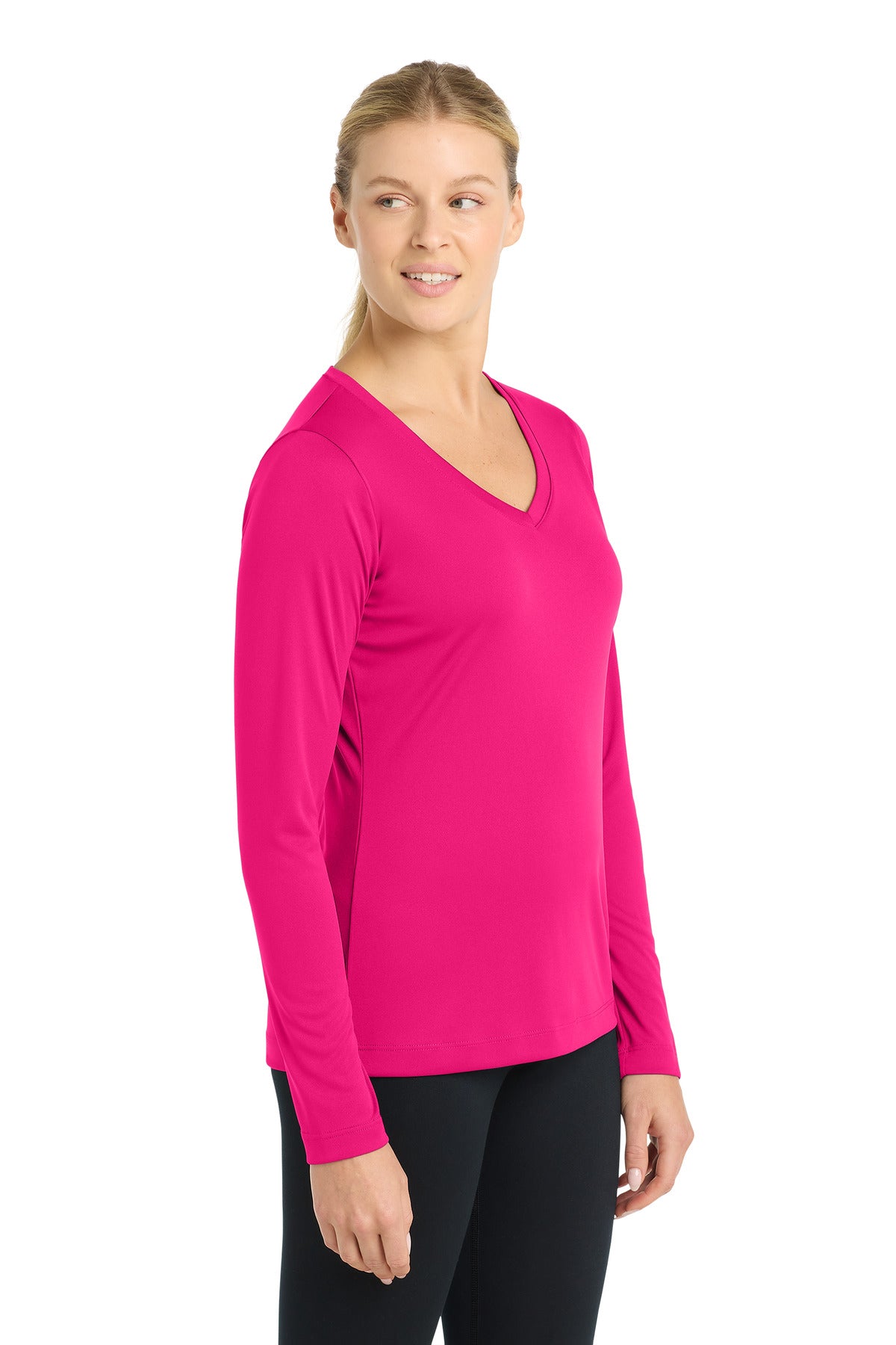 Pink Raspberry Sport-Tek Women's Long Sleeve PosiCharge Competitor V-Neck Tee. LST353LS