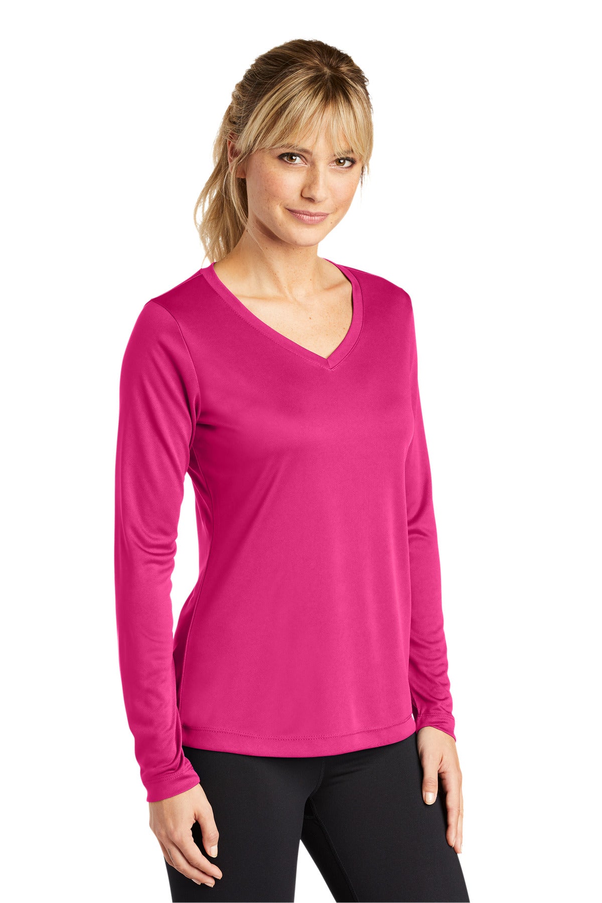 Pink Raspberry Sport-Tek Women's Long Sleeve PosiCharge Competitor V-Neck Tee. LST353LS