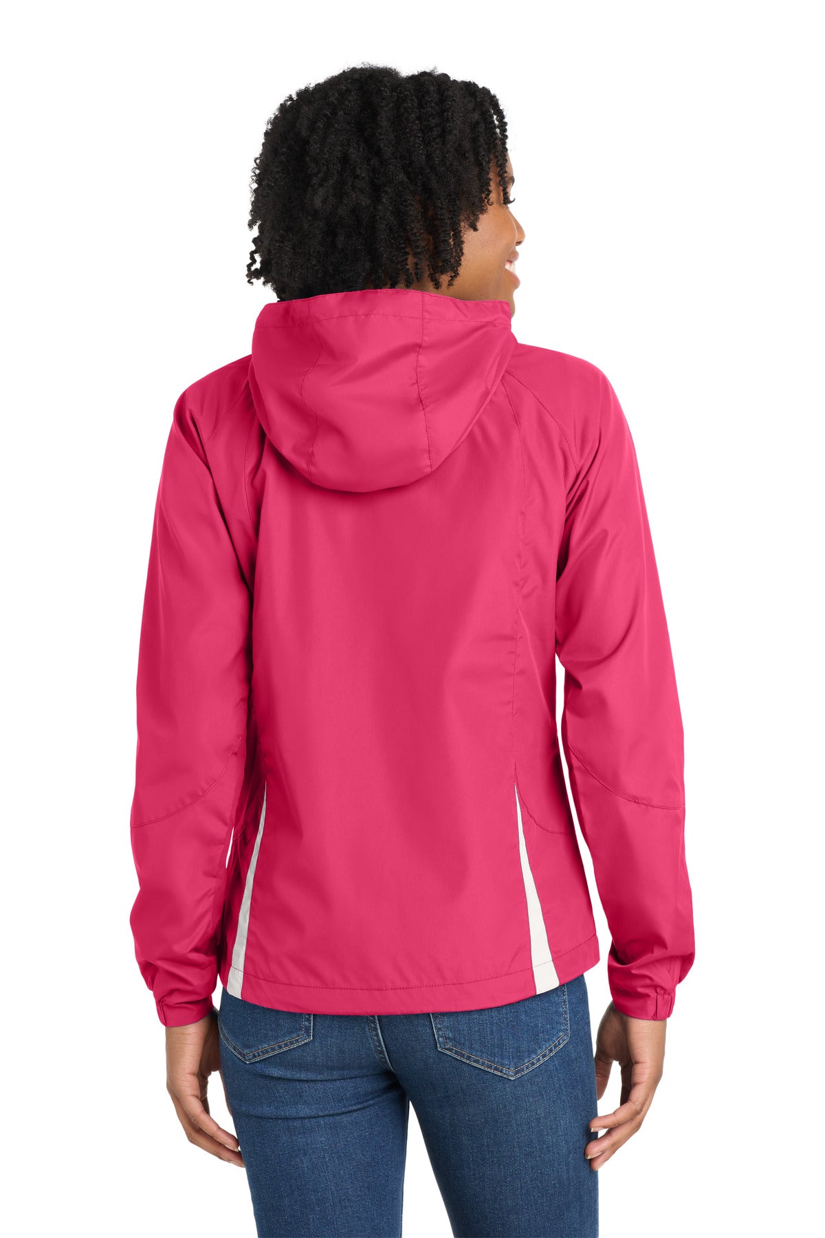 Pink Rasp/Wht Sport-Tek Women's Colorblock Hooded Raglan Jacket. LST76