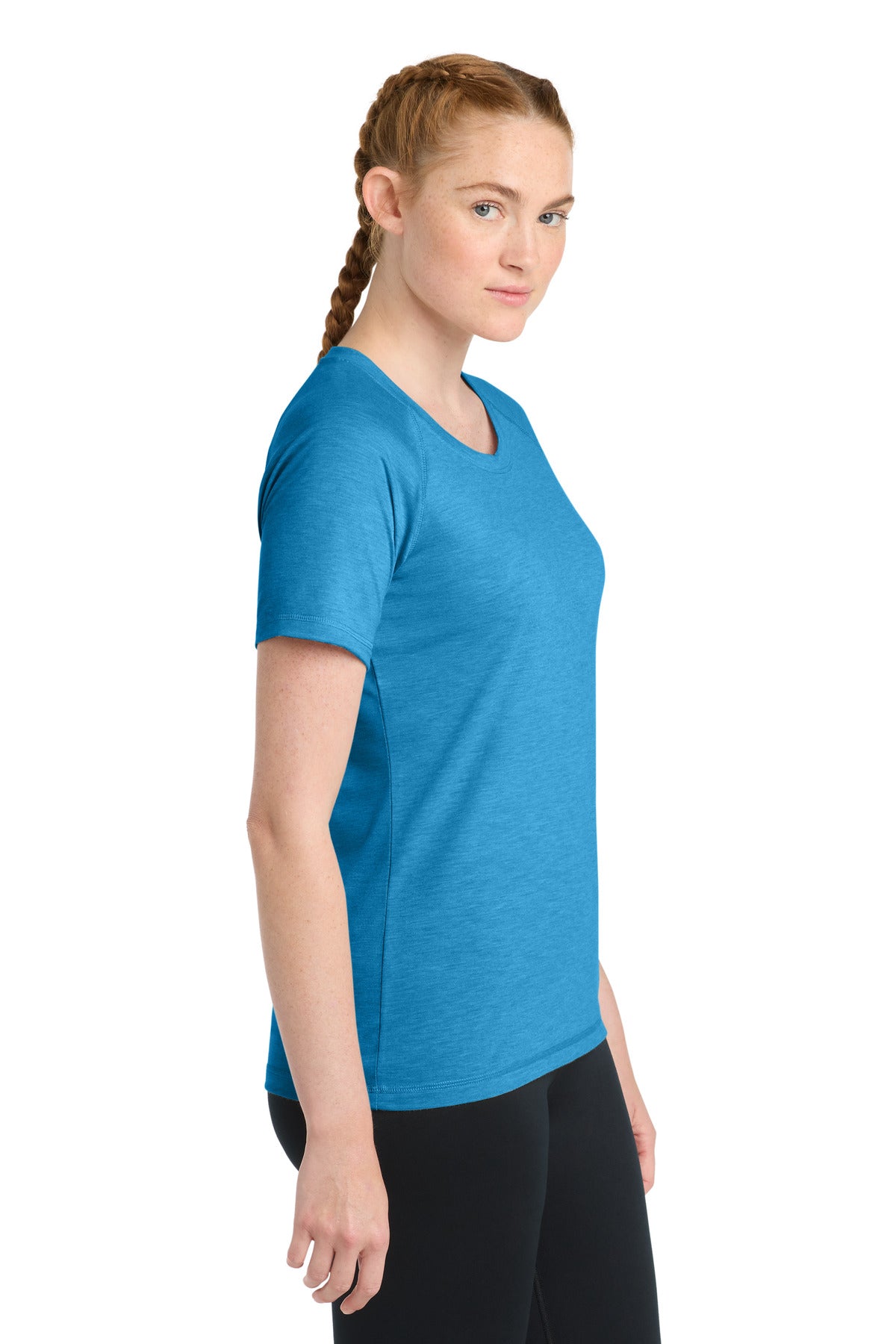 Pond Blue Hthr Sport-Tek Women's PosiCharge Tri-Blend Wicking Scoop Neck Raglan Tee. LST400