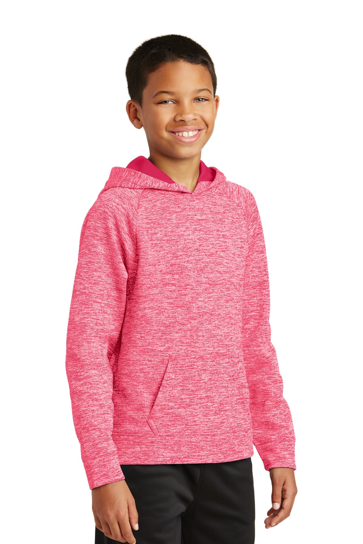 Power Pink Ele Sport-Tek Youth PosiCharge Electric Heather Fleece Hooded Pullover. YST225