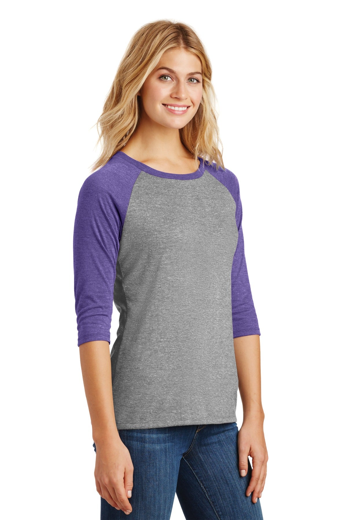 Purple Fr/Gy F District Women's Perfect Tri 3/4-Sleeve Raglan. DM136L