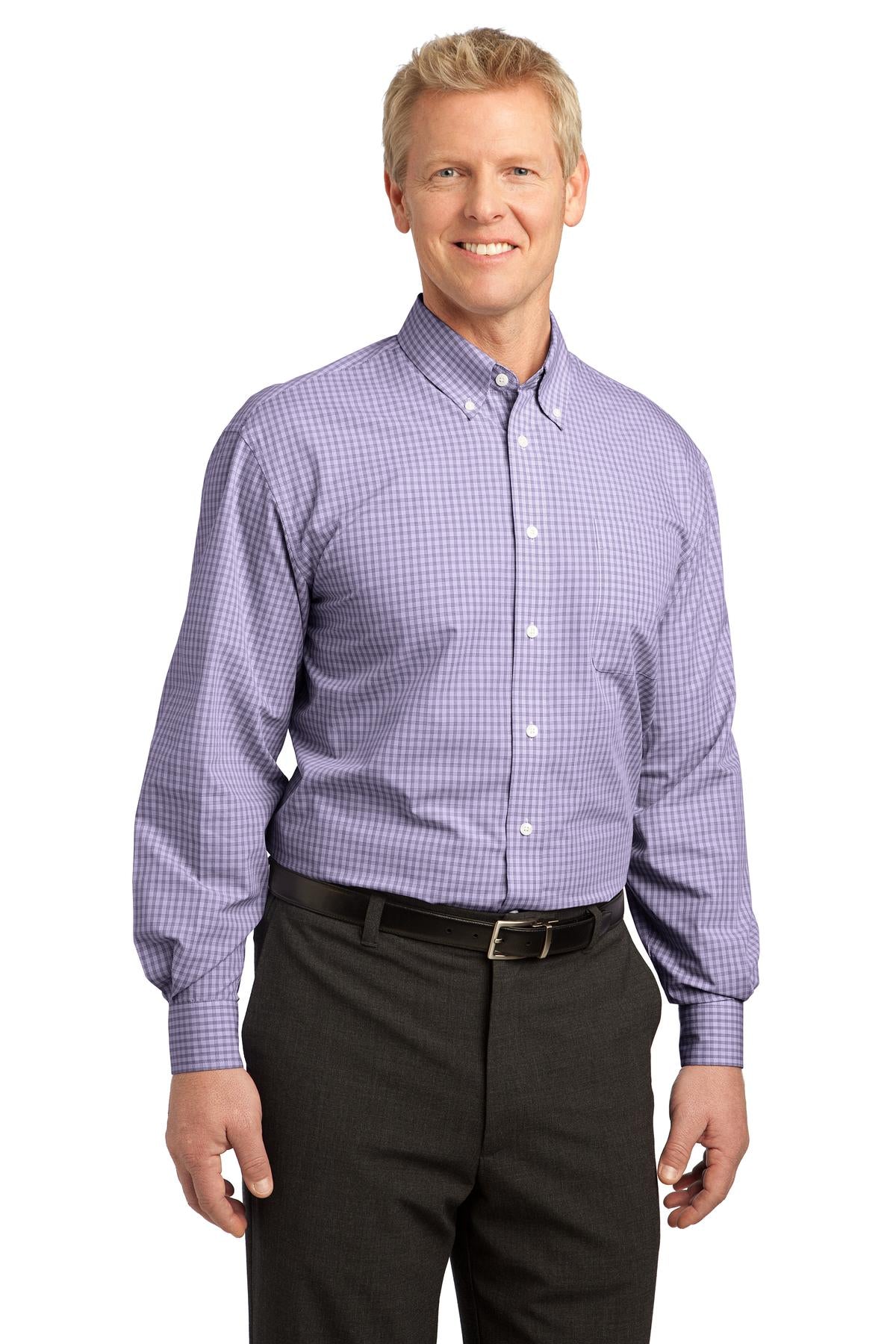 Purple Port Authority Plaid Pattern Easy Care Shirt. S639