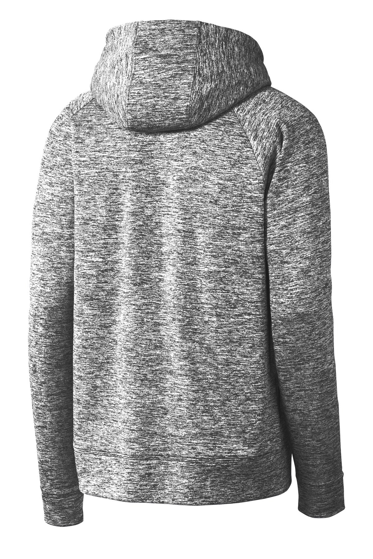 Rear View of Black Electric Sport-Tek Youth PosiCharge Electric Heather Fleece Hooded Pullover. YST225