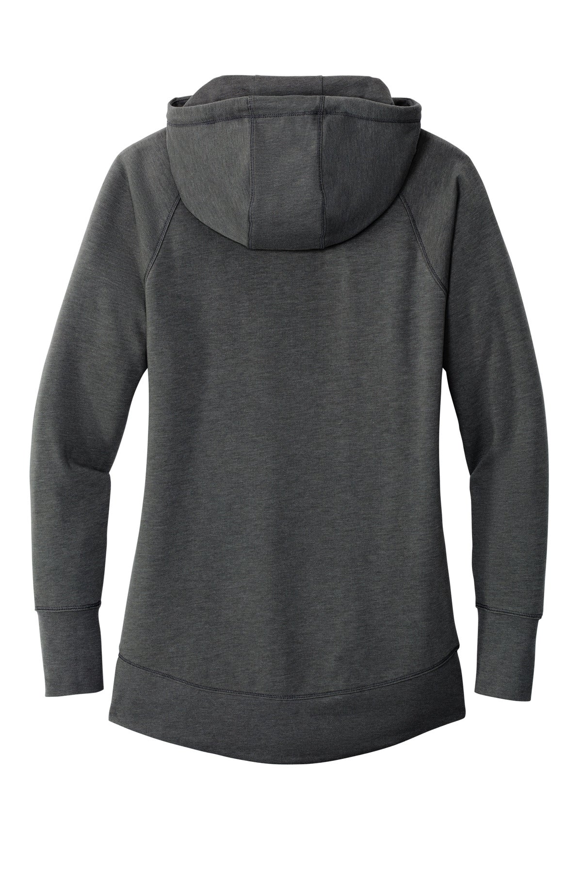 Rear View of Black Heather New Era Women's Tri-Blend Fleece Pullover Hoodie. LNEA510