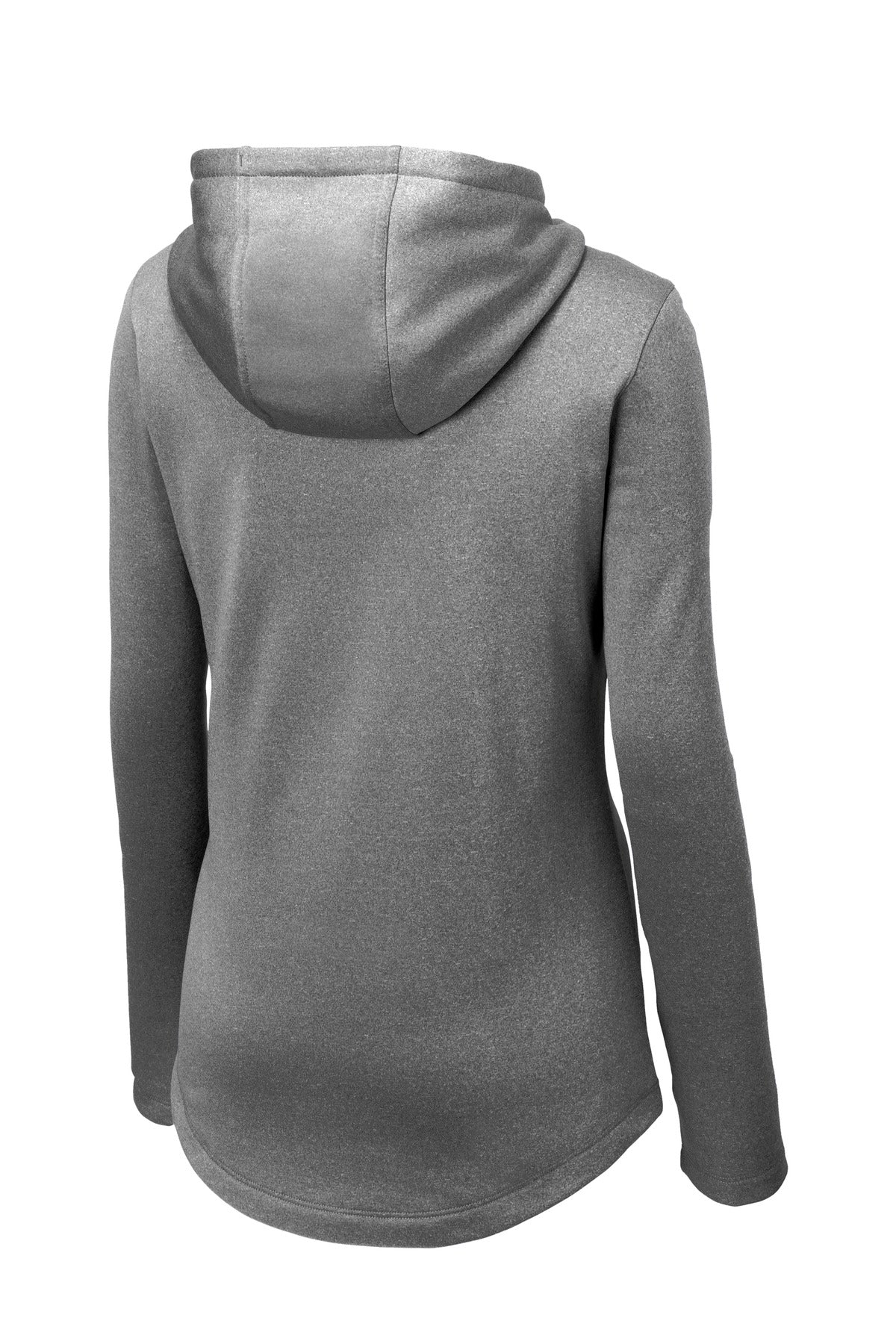 Rear View of Black Hthr Sport-Tek Women's PosiCharge Sport-Wick Heather Fleece Hooded Pullover. LST264