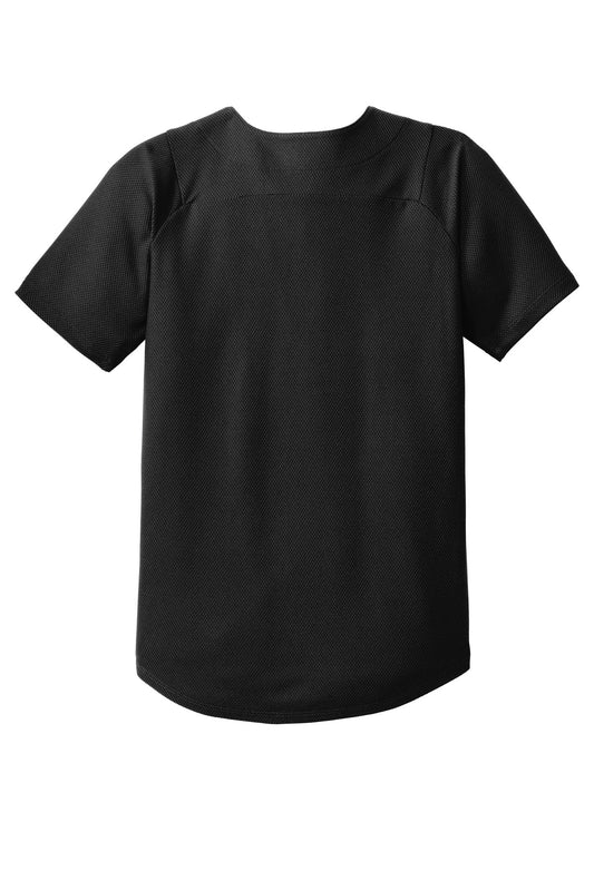 Rear View of Black New Era Youth Diamond Era Full-Button Jersey. YNEA220